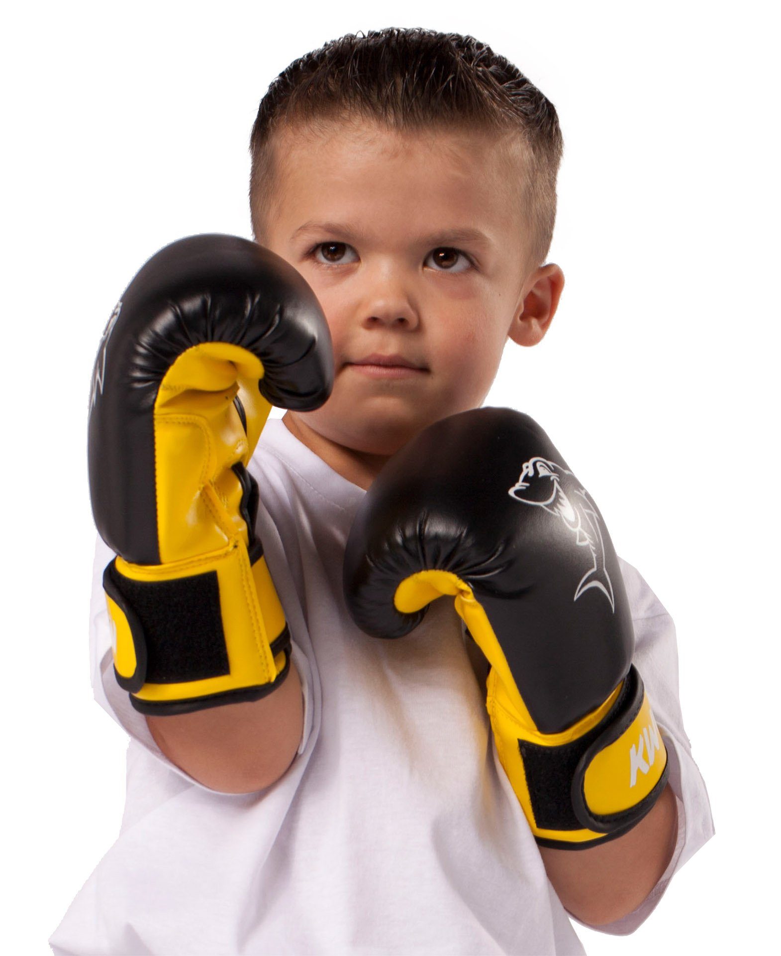 Shark Box-Handschuhe KWON Boxhandschuhe 1 Unzen, (Kinder, Junior 4 Boxen schwarz/gelb Jahre, 7 Kinder - Kickboxen 4 4 Unzen Paar), 4250819513291