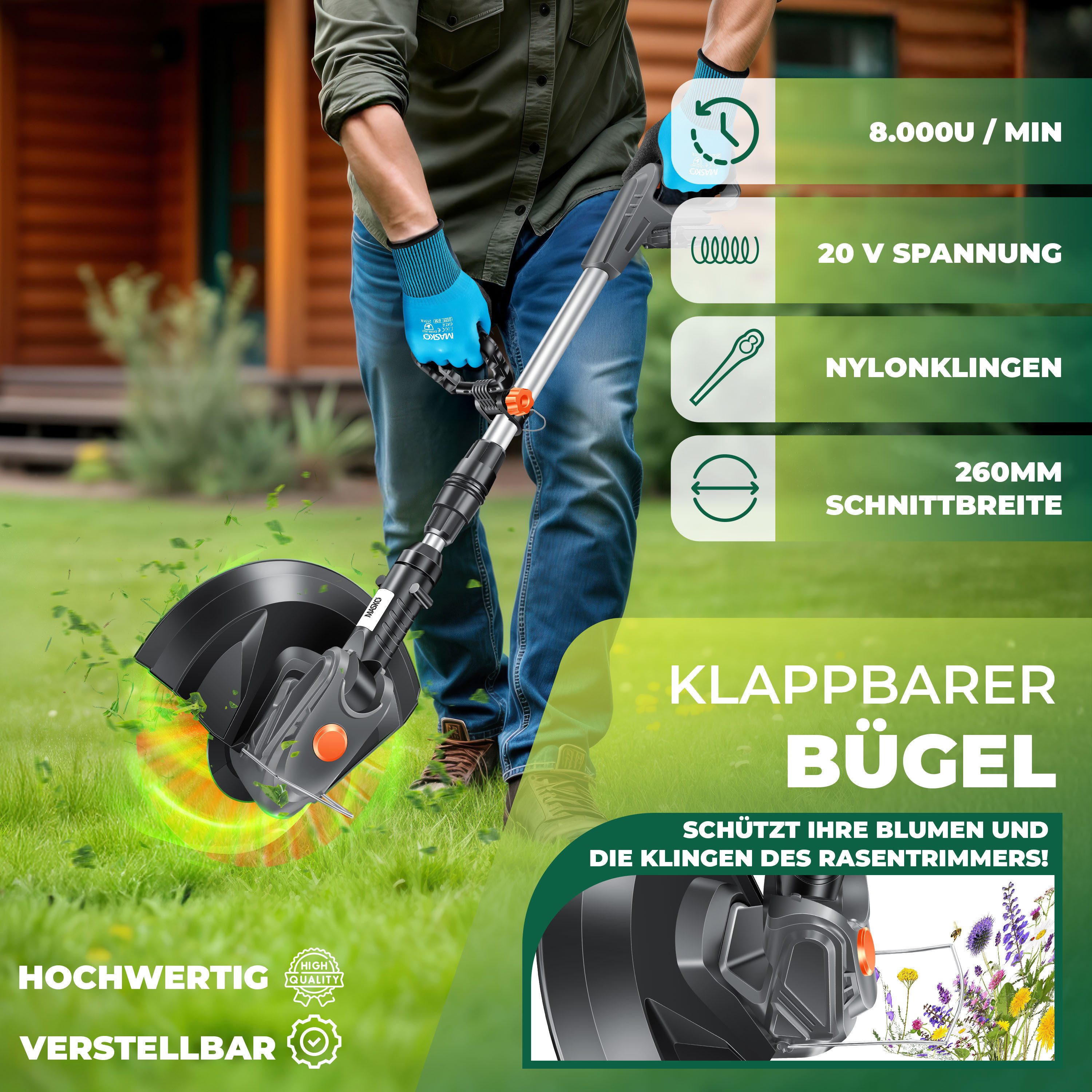 MASKO Akku-Rasentrimmer, Akku-Rasentrimmer mit 20 Li-Akku, 2,0 Ah Akku und Ladegerät