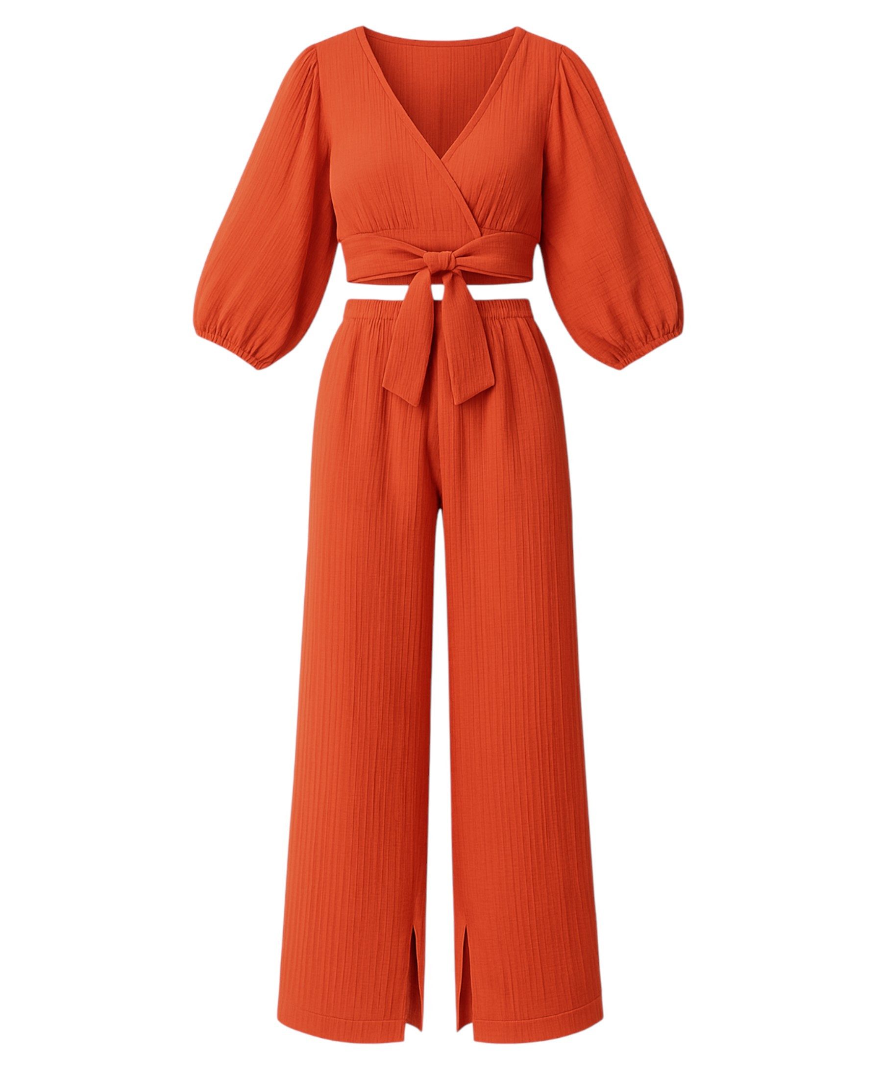 WENOR Crop-Top Set Damen Musselin-Zweiteiler mit Hose, Wickel-Top & V-Ausschnitt (2-tlg., Zweiteiliges Set) Bindeband vorn, Raffdetails an Schultern
