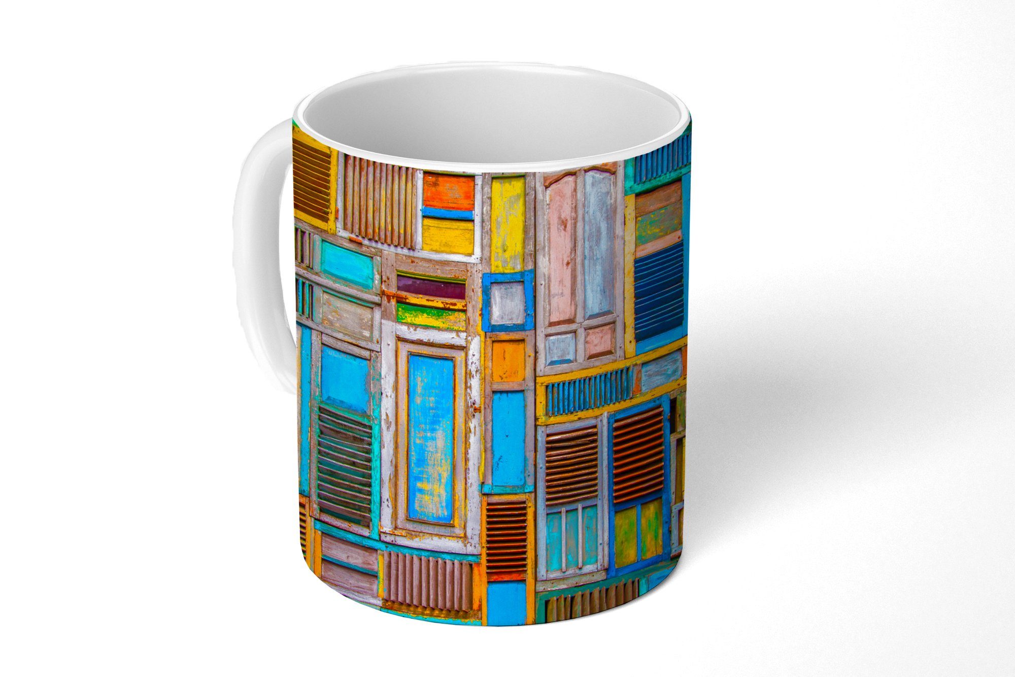 MuchoWow Tasse Türen - Blau - Abstrakt - Architektur - Neon, Keramik, Kaffeetassen, Teetasse, Becher, Teetasse, Geschenk