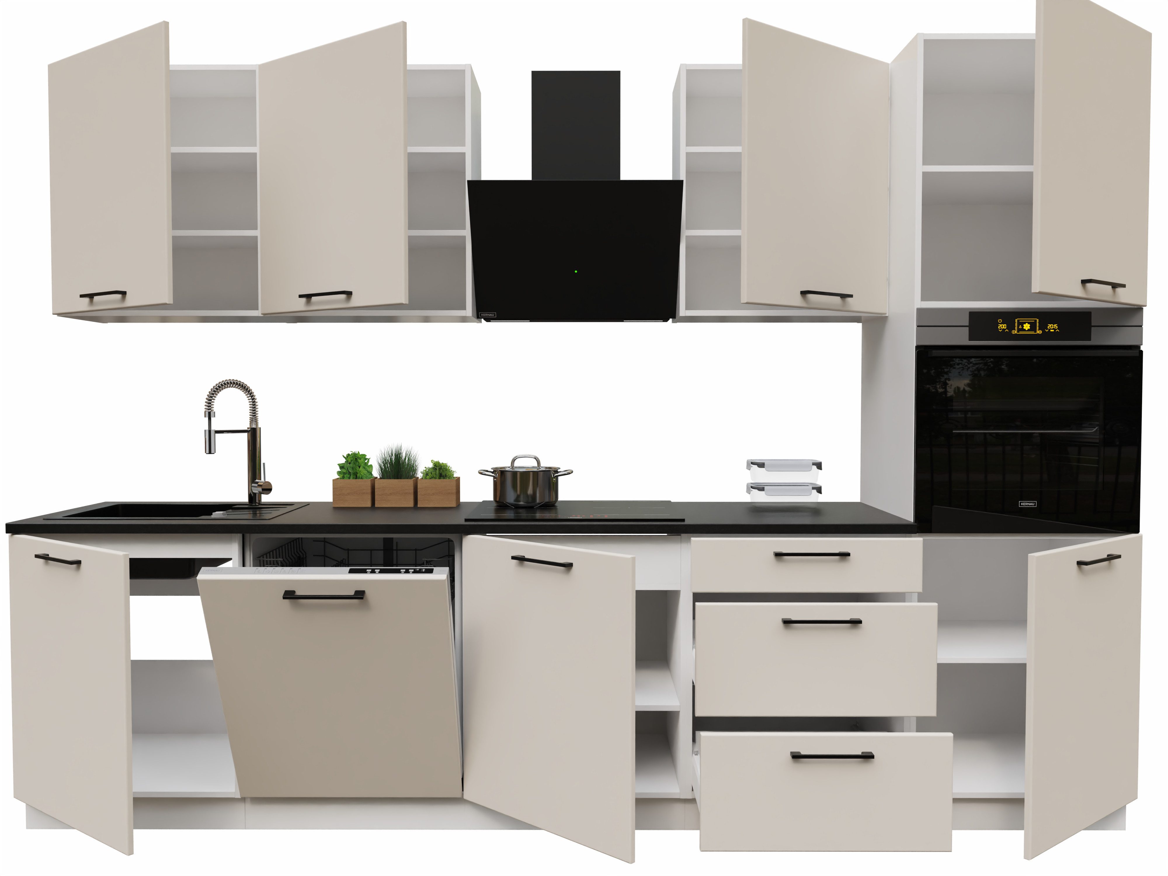 Möbel für Dich Küchenzeile Moderne Einbauküche Denis 300 cm 8-teilig, mit Fronten in Weiß Hochglanz oder Beige matt
