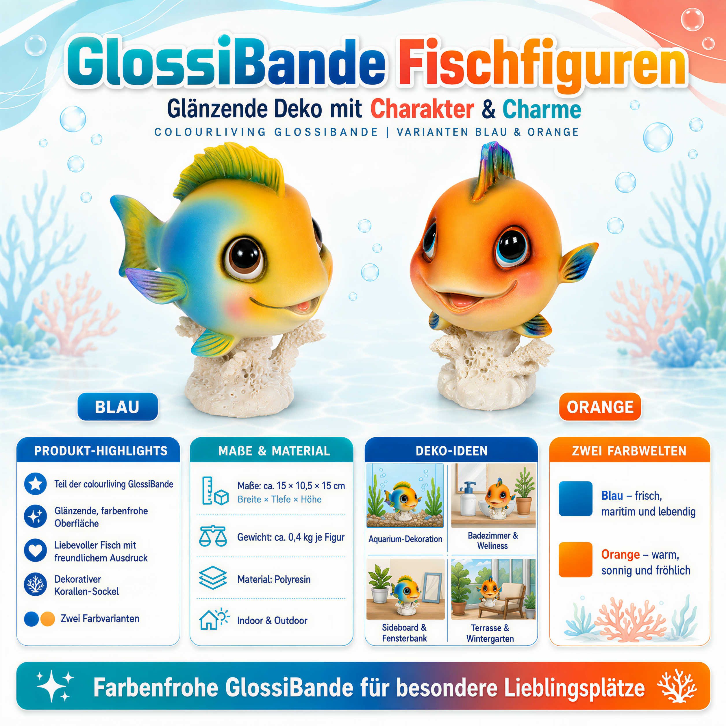 colourliving Tierfigur Fisch Deko-Figur glänzend (Blau & Orange) – Maritime Gartendeko (1 St), »Fisch« aus der colourliving GlossiBande