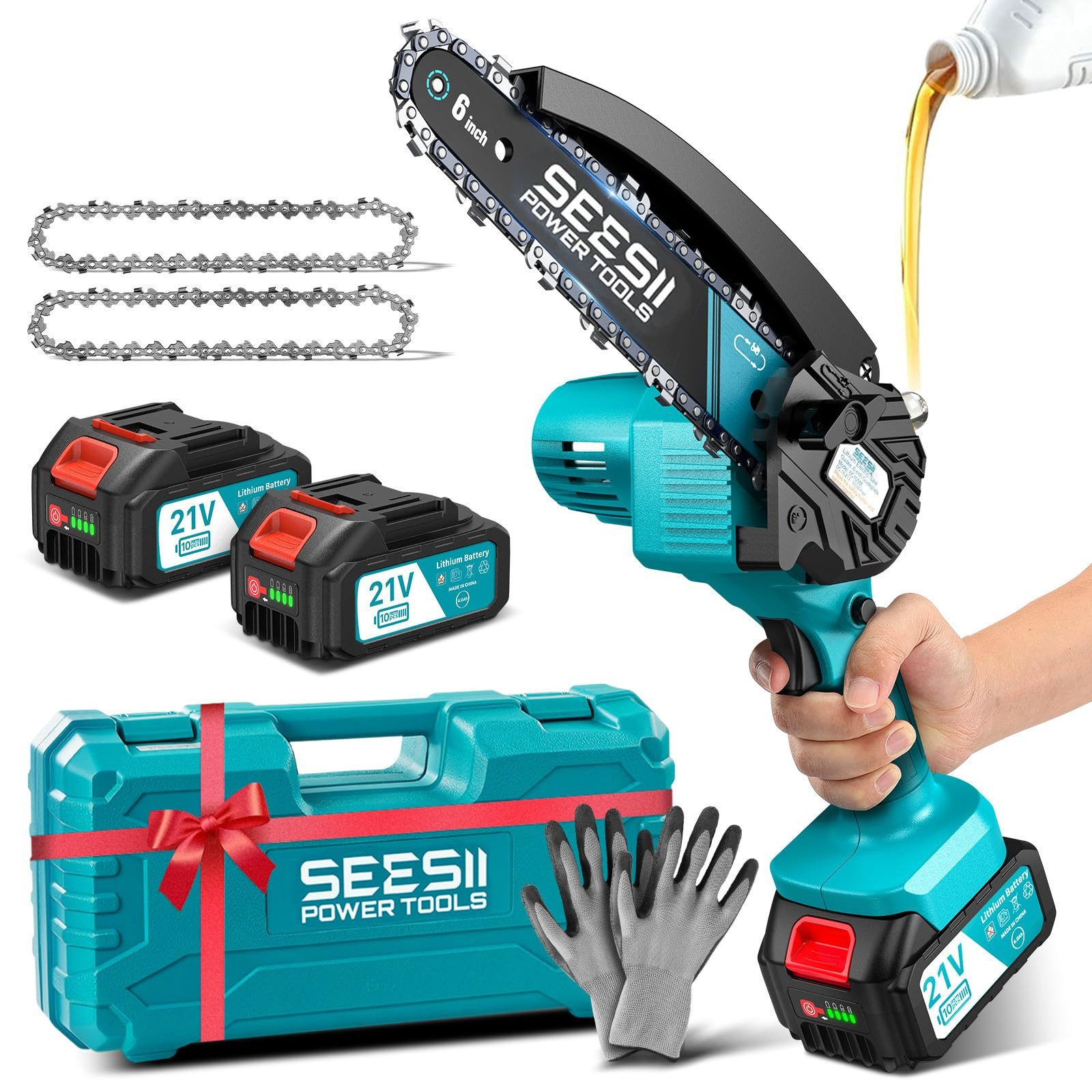 SEESII Akku-Kettensäge Mini Kettensäge 6 Zoll mit Automatischer Öler und 2 Ersatzketten, 15 cm Schwertlänge, mit 2 x 4,0 Ah Akkus, Handkettensäge Akku für Gartenscheren Astschere Holzschneiden