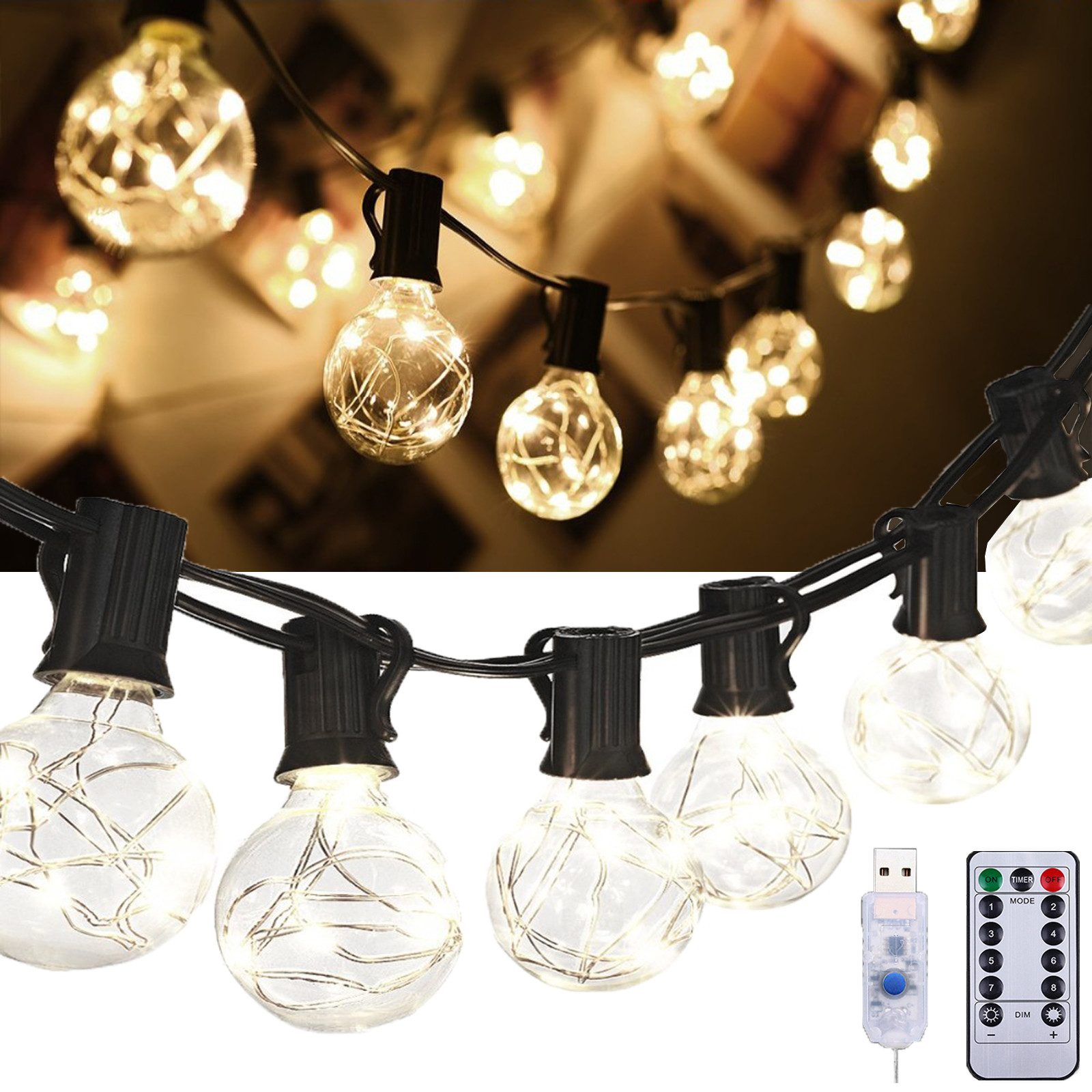 Jibenhome LED-Lichterkette 8 Modi G40 LED-Lichterkette Glühbirnen LED Lichtvorhang, Timer für Hinterhof, Veranda Balkon Party Deko