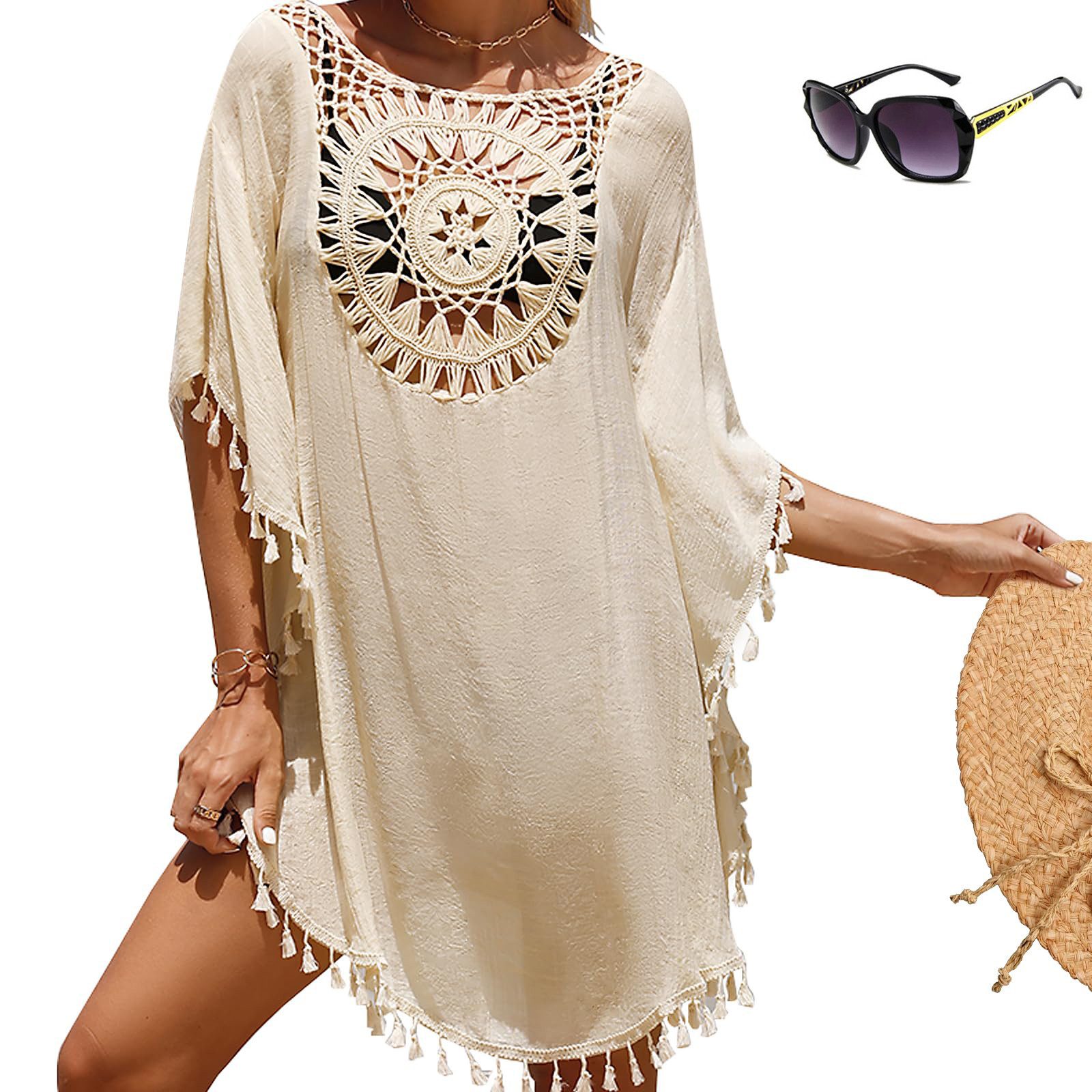 MOPUEA Strandkleid Damen Bikini Cover Up Strand-Tunika mit Fransen Strandbekleidung (1-tlg., Filigrane Häkelspitze umrahmt den tiefen V-Ausschnitt) Einheitsgröße mit Wohlfühlgarantie