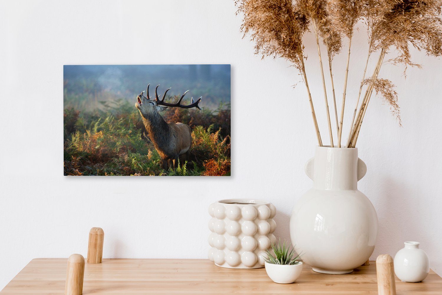 OneMillionCanvasses® Leinwandbild Nebel, Rehe Aufhängefertig, cm Pflanzen Wandbild - (1 St), 30x20 - Leinwandbilder, Wanddeko