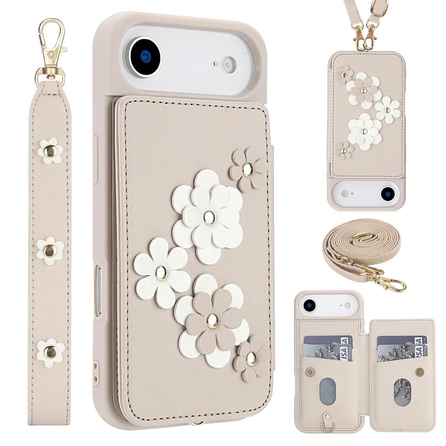 Wigento Handyhülle Für Apple iPhone 17 Air Hülle Crossbody Kunstleder Blumenmuster Weiß, Mit Kartenfächern, Gurt, Kickstand-Funktion