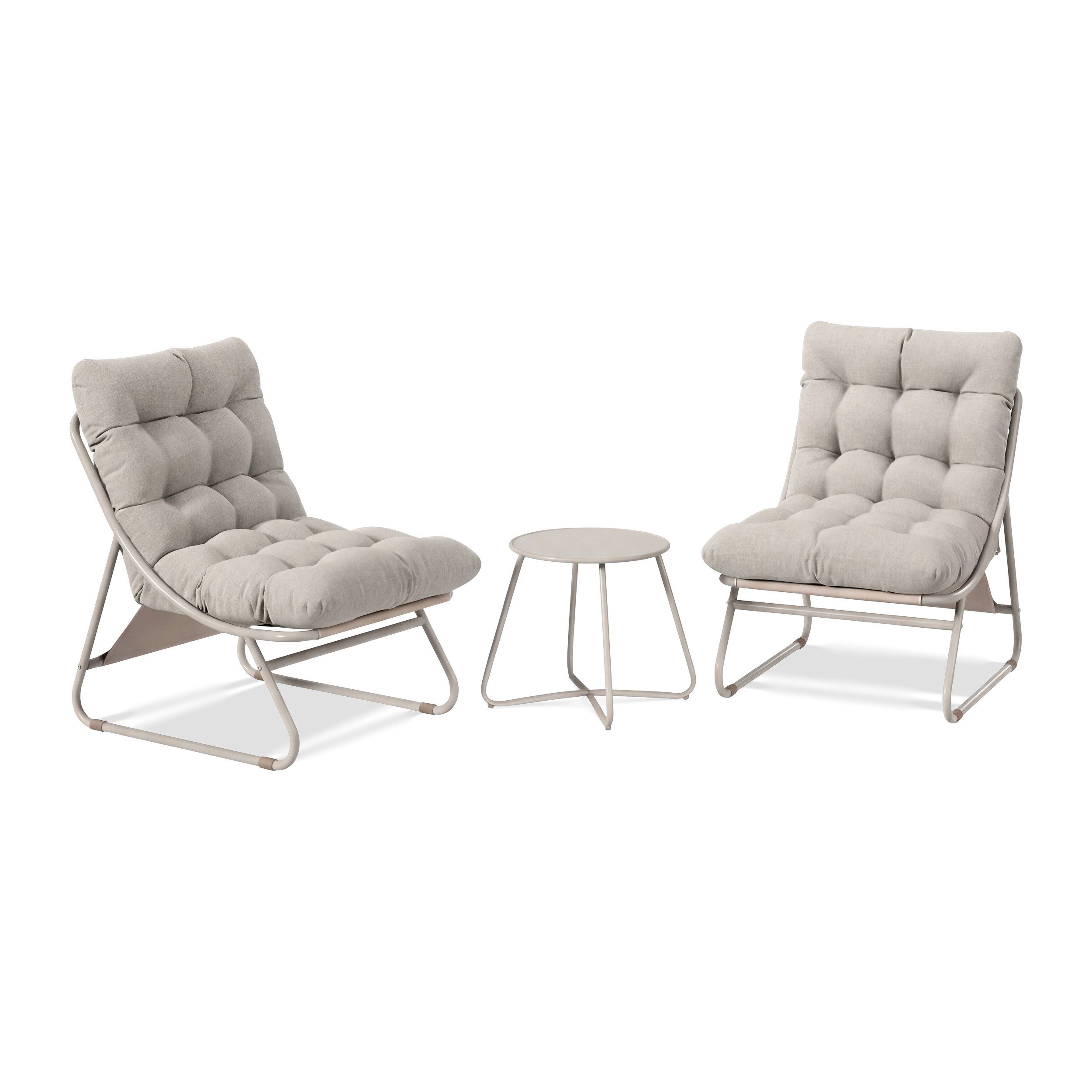KHG Balkonset Balkonset 3-teilig Beige aus pulverbeschichtetem Stahl, (modernes Loung-Set aus 2 Stühlen mit Sitzkissen und Beistelltisch, 3-tlg., für 2 Personen, wetterfest, platzsparend, 120 kg belastbar)