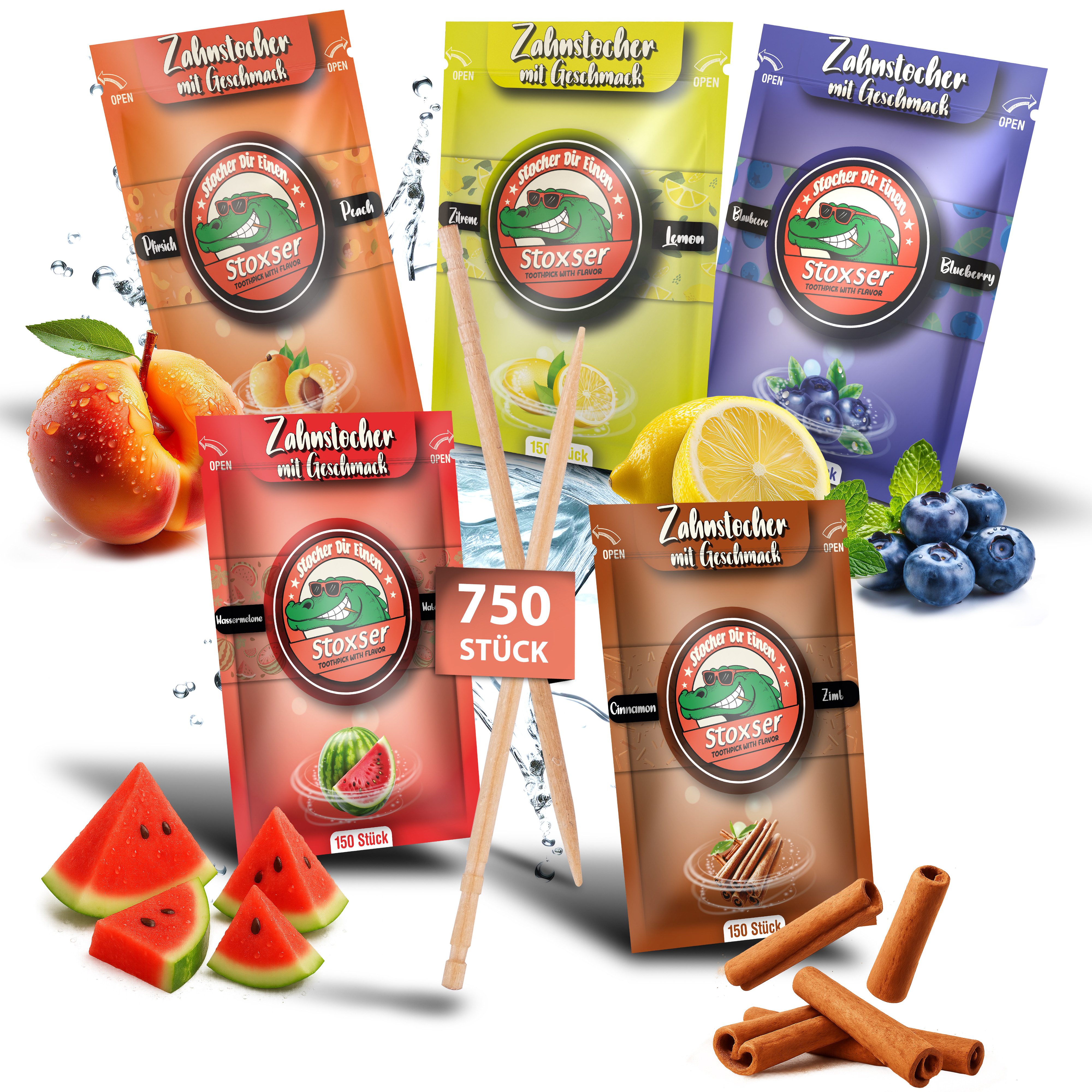 Stoxser Mundpflegecenter Stoxser 750x Zahnstocher mit Geschmack 5er Pack, Kein Kaugummi Unterstützend zu Zahnpasta Zahnseide Zuckerfrei