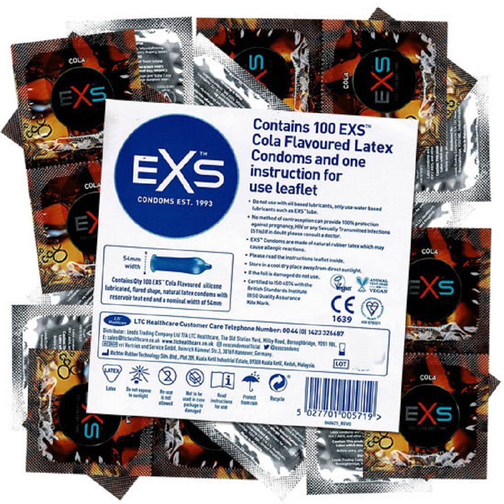EXS Kondome Cola Flavour - leckere Kondome Packung mit, 100 St., aromatisierte Kondome, Kondome mit Cola-Geschmack, Kondomvorrat, Großpackung
