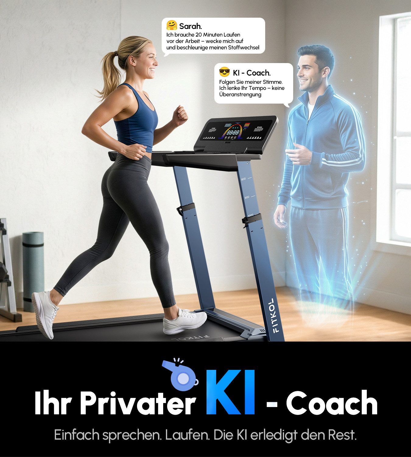 VONKO Laufband KI adaptiv vernetzt, automatische Geschwindigkeit & Steigung, Max. 16,5 km/h, intelligente Herzfrequenzkontrolle, Bosch 5,0-PS-Motor