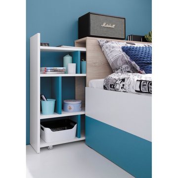 Lomadox Jugendbett PITTSBURGH-133, Jugendbett 90x200cm mit Funktionen, weiß/Eiche/blau