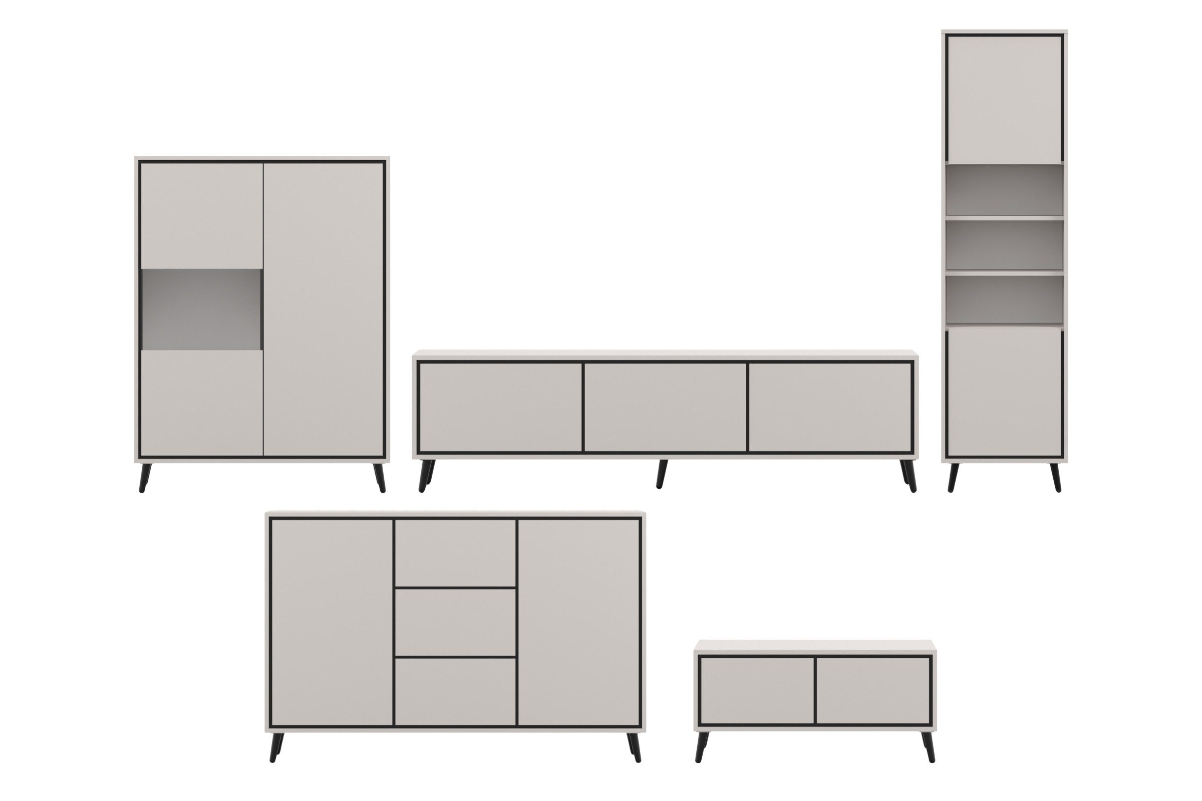 Deine Möbel 24 Wohnzimmer-Set FRESSO B, 5-tlg., (FRESSO-Kollektion, 5-St., Barschrank, TV-Board, Vitrine, Kommode, Couchtisch), Push-to-Open, Metallfüße, Kaschmir/Schwarz