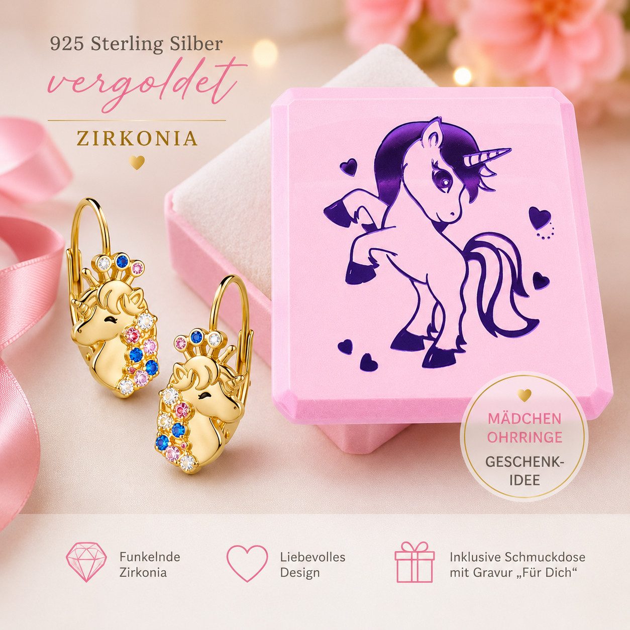 Limana Paar Creolen Zauberhafte Einhorn Mädchen Ohrringe 925 Silber gold bunte Zirkonia (Kinder Schmuck Geschenk inkl. Dose), Geburtstag Einschulung Weihnachten Ostern Schulanfang