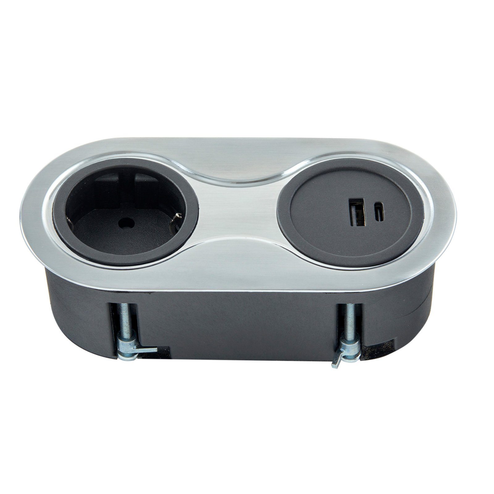 SO-TECH® Einbau Tischsteckdose mit Kabel und Stecker Einbau-Tischsteckdose, Edelstahloptik, oval, 1-fach, 1x USB-A, 1x USB-C