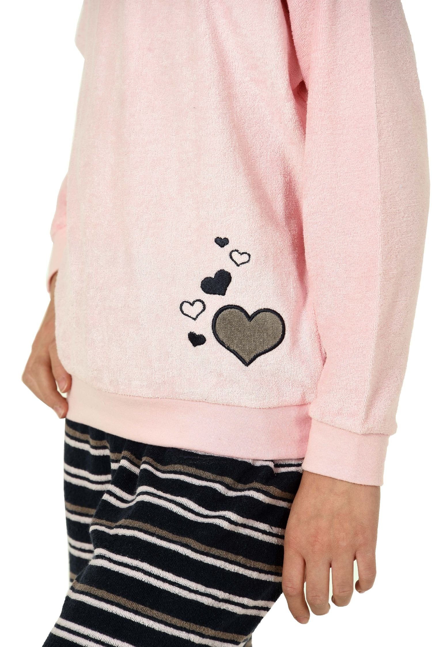 Schlafanzug Frottee Normann Pyjama Pyjama Bündchen mit Herz rosa Mädchen Motiv lang mit