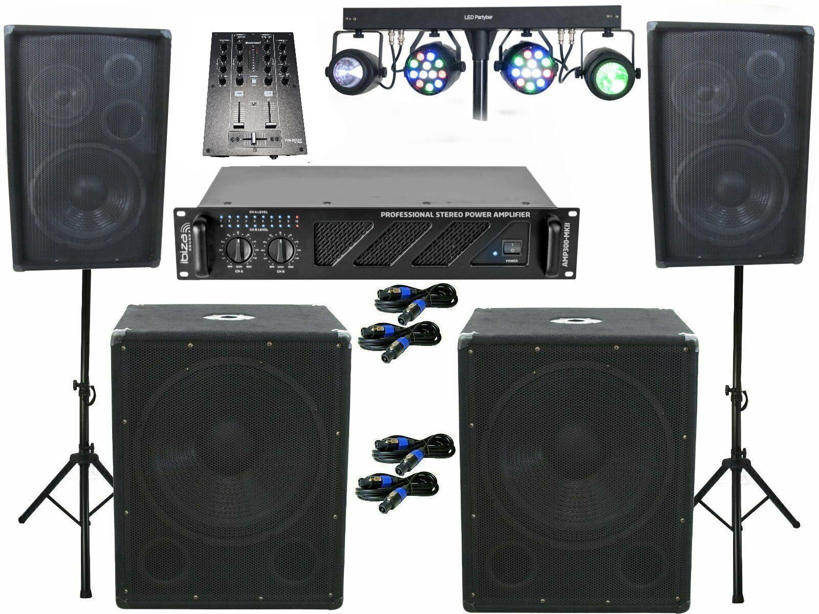 Pa Anlage 30cm Boxen Stativ 38cm Subwoofer Mixer 3280W LED Lichtset Party-Lautsprecher