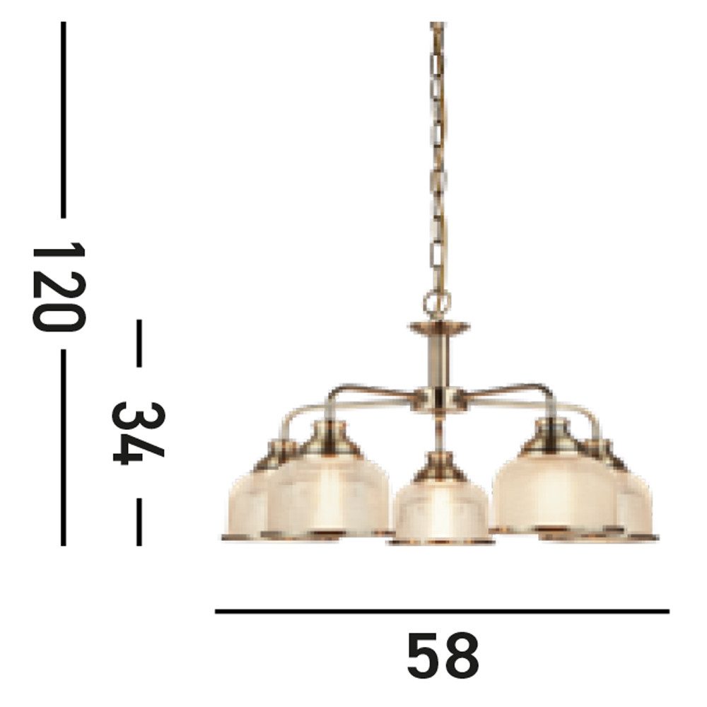 Searchlight Hängeleuchte Bistro II 5Lt Pendant -Antique Brass & Holophane Style Glass, Leuchtmittel wechselbar