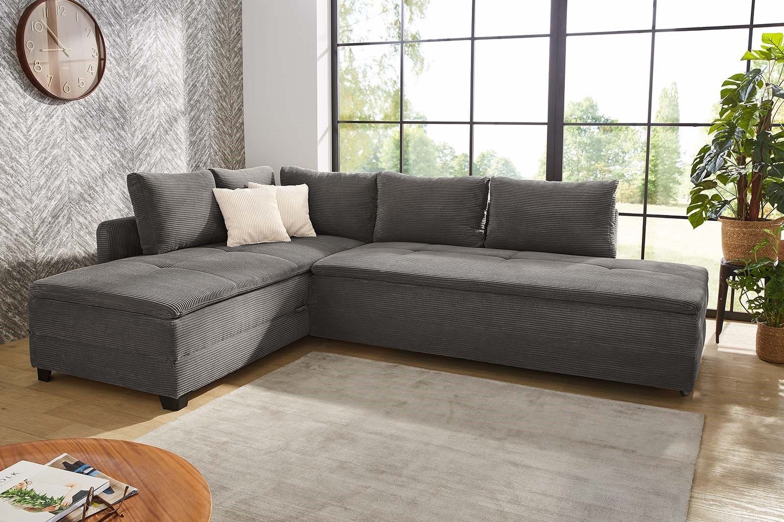 luma-home Ecksofa 15163, Dauerschläfer-Doppelbett B306/T223/H95 cm, Schwenkteil L/R, Bettkasten, Nachtkonsole, Boxspring, Federkern, Wellenunterfederung, Topper, Bezug Cord Dunkelgrau