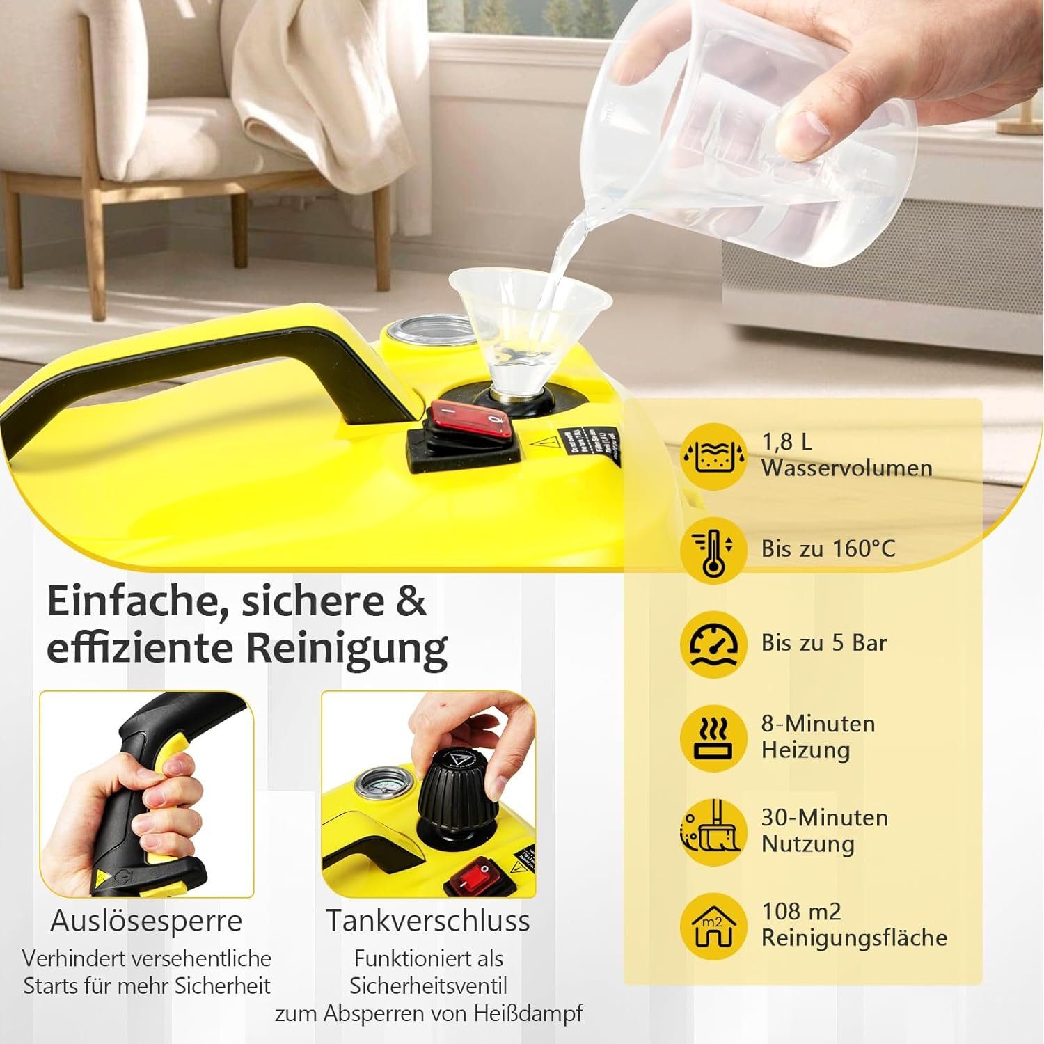 KOMFOTTEU Dampfreiniger Flächenleistung: 108 m², Dampfdruck: 5 bar, 2000,00 W, 1,8 L Wasserkapazität