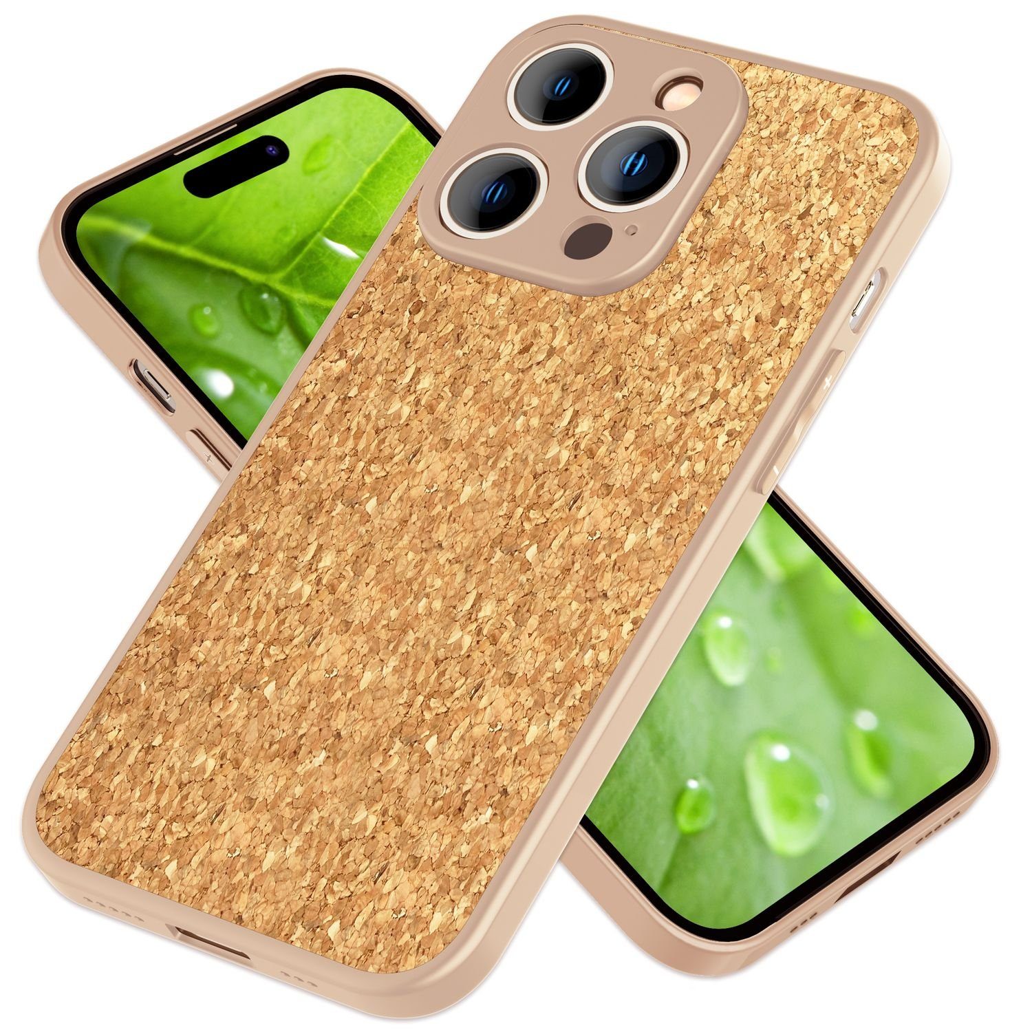 Nalia Smartphone-Hülle Apple iPhone 14 Pro 15,5 cm (6,1 Zoll), Silikon Hülle mit Echt-Kork / Natur-Kork Hellbraun / Rutschfest / Dünn
