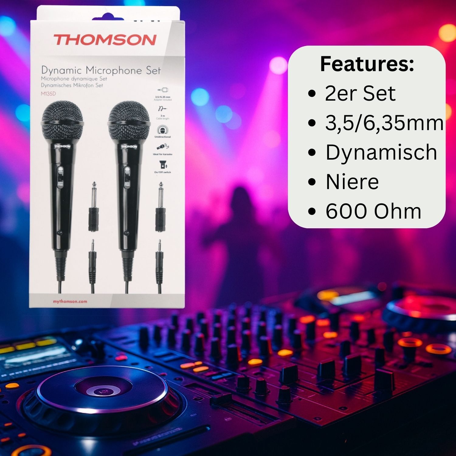 Thomson Mikrofon Set 2x Dynamisches Mikrofon kabelgebunden Schwarz (Set), 3m Kabel Party Veranstaltung DJ Mix Karaoke 3,5mm 6,35mm Stecker