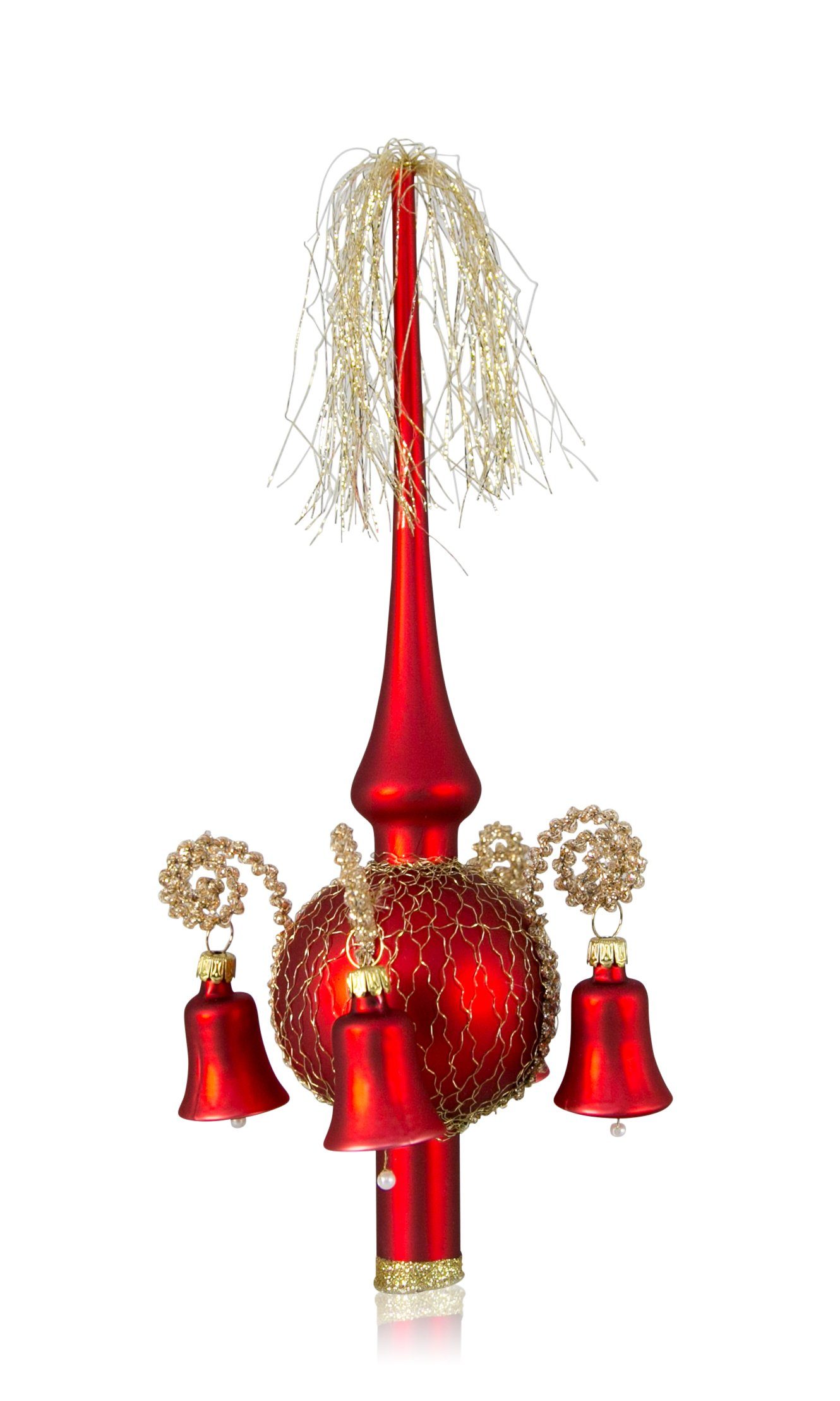 Lauschaer Glas Christbaumspitze Weihnachtsbaumspitze mit klingenden Glöckchen, mit Leonischem Draht, mundgeblasen, handdekoriert, handbemalt, in Lauscha hergestellt