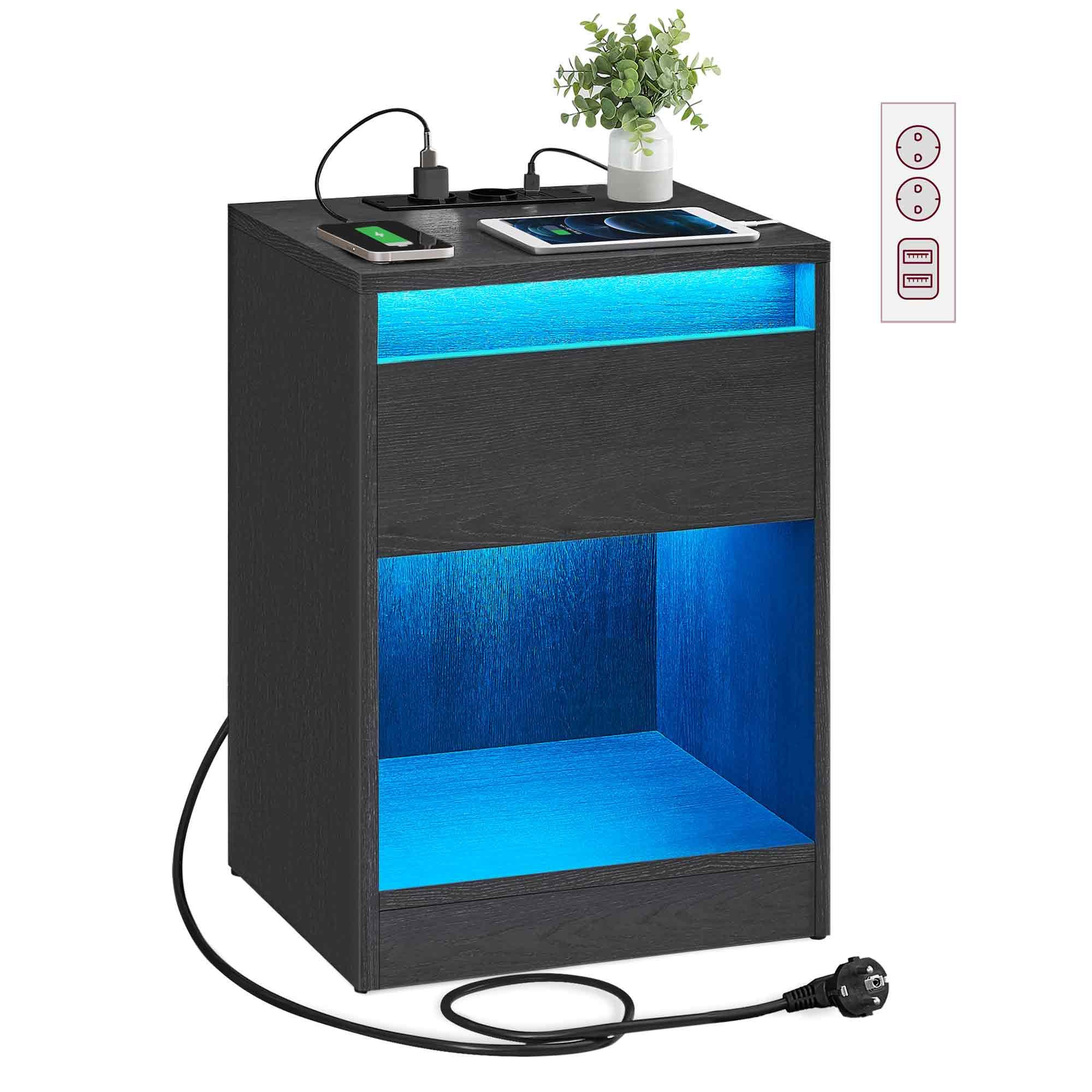 VASAGLE Nachttisch (1-St), mit einstellbarer LED-Beleuchtung, Beistelltisch mit Steckdosen