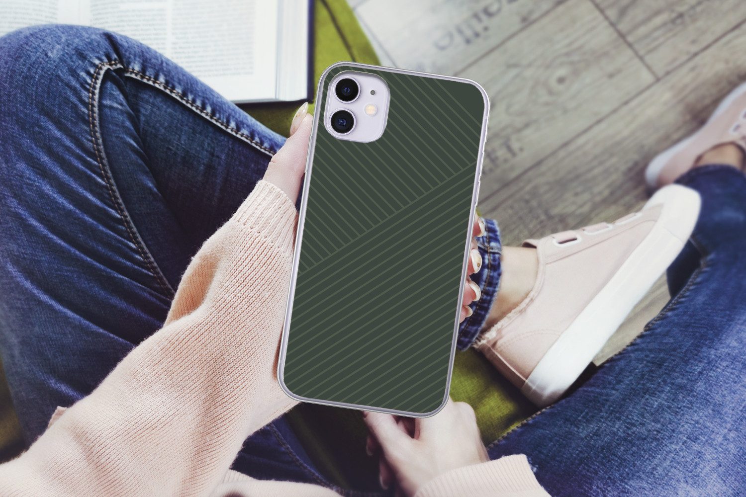 MuchoWow Handyhülle für Apple iPhone 11 Linien - Abstrakt - Grün - Minimalistisch, Smartphone-Bumper, Print, Handy Schutzhülle Dünn