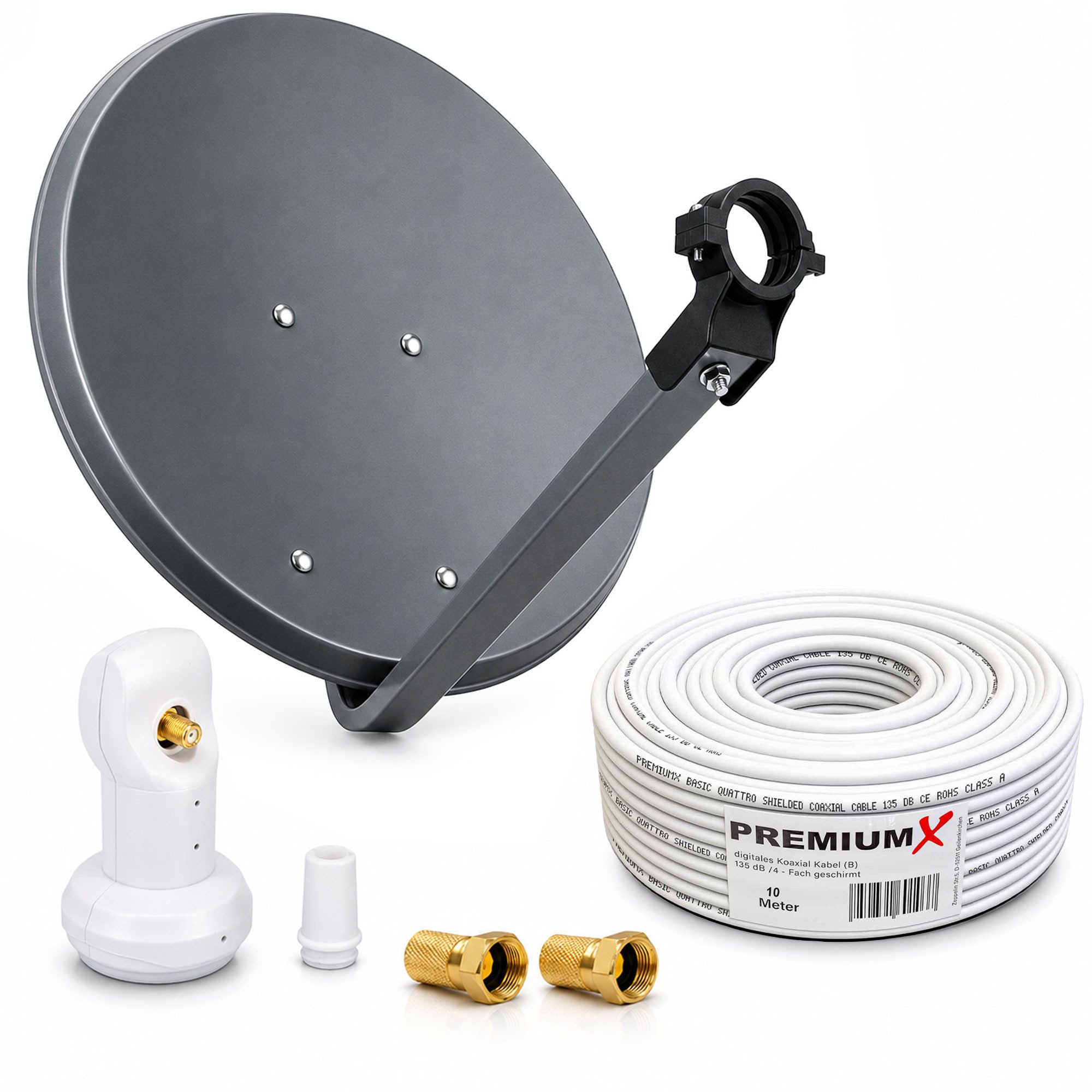 PremiumX Camping Sat Anlage 45cm Antenne Single LNB Weiß 10m Kabel 2x F-Stecker SAT-Antenne