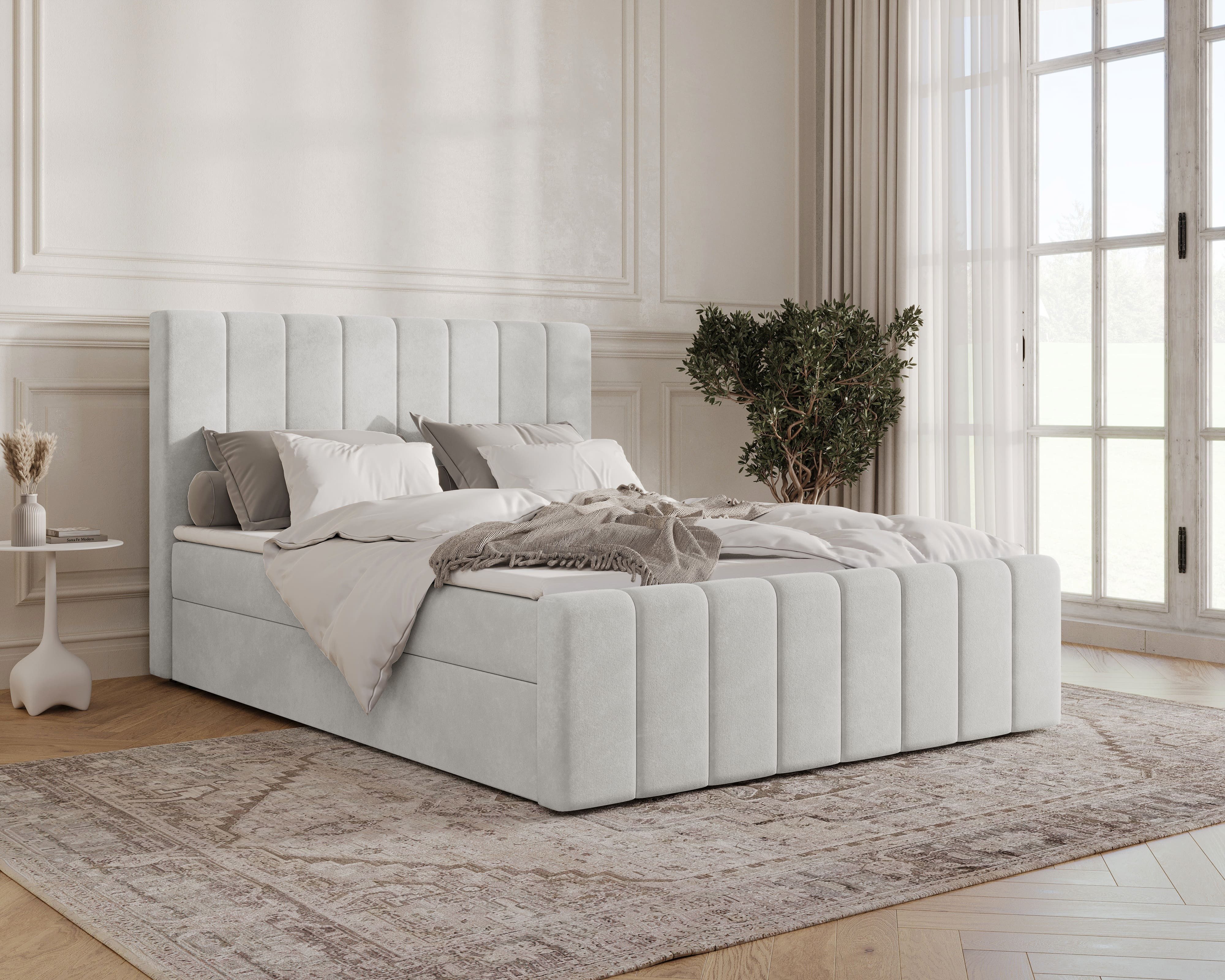 MOEBLO Boxbett BETT 01 BIS (Bonell, Topper, modernes Velours-Design mit Steppung & Stauraum, Doppelbett gepolstertes Kopfteil mit Bettkasten, aus Samt, Polsterbett Kontinentalbett, dekorativem Kopfteil, aus Samt), - (BxHxT):144/164/184x113x223 cm