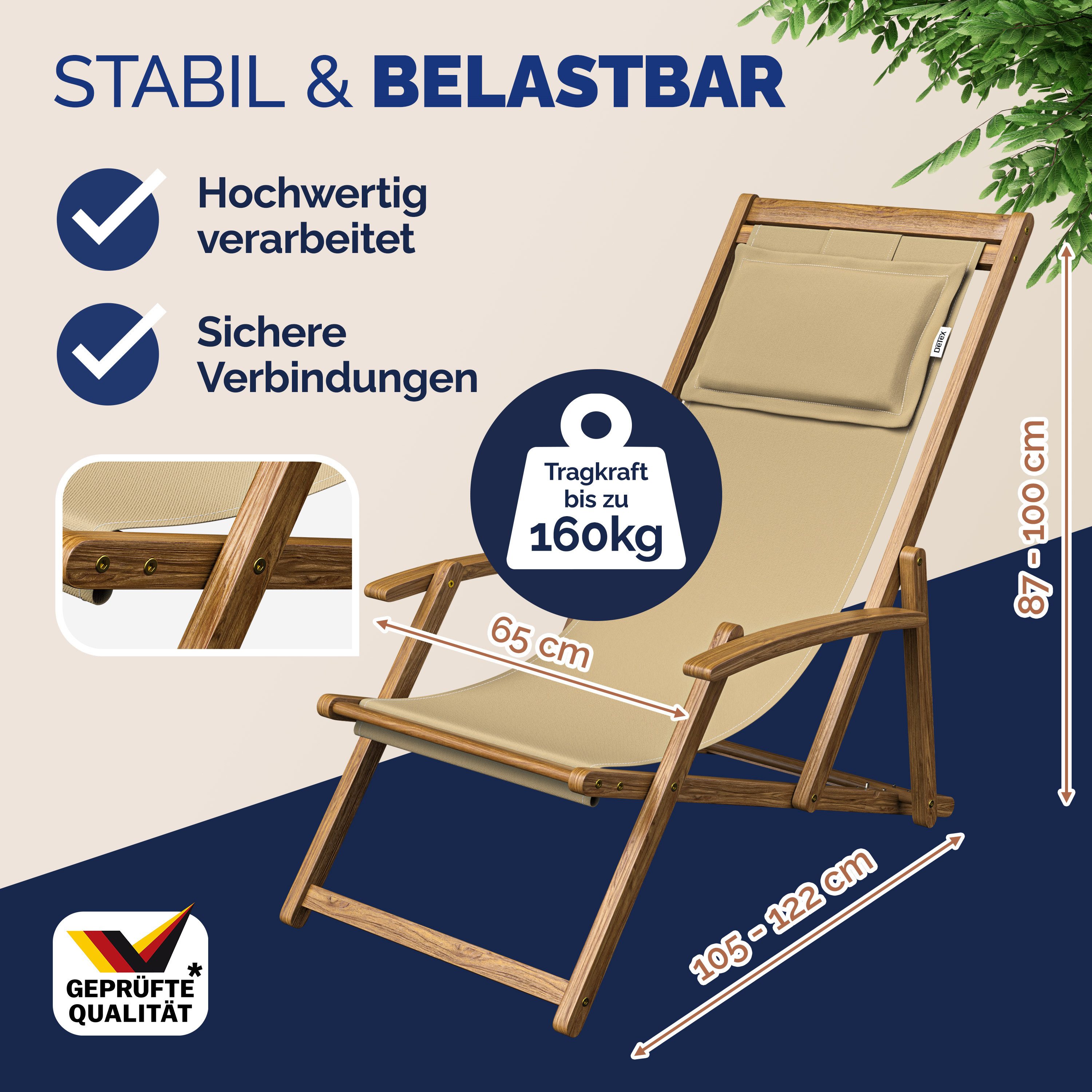 Casaria Gartenliege Beige, 160kg Belastbar Armlehne Nackenkissen Klappbar Verstellbar
