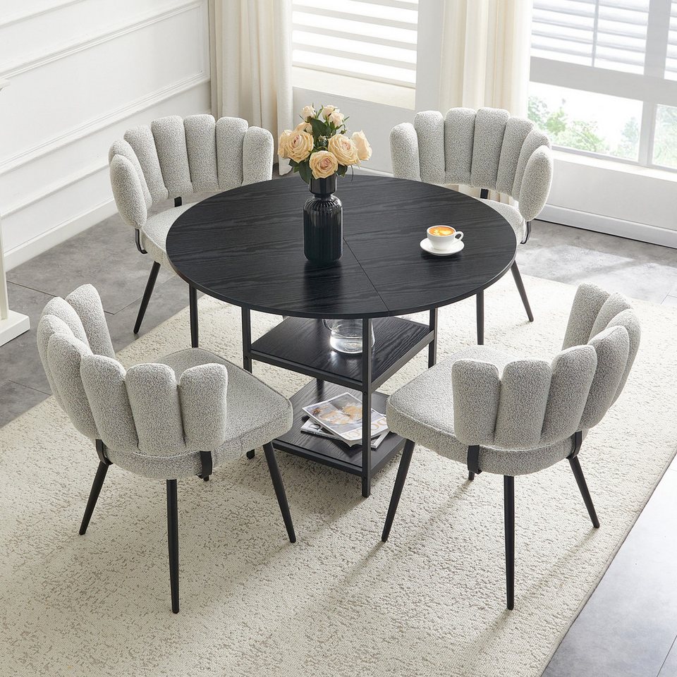 Fine Life Pro Essgruppe Tisch-Set, runder Esstisch, doppelte Ablage, 107 cm, 4 hellgraue Stoff-Stühle, Blütenlehne, Esstisch mit Stühlen