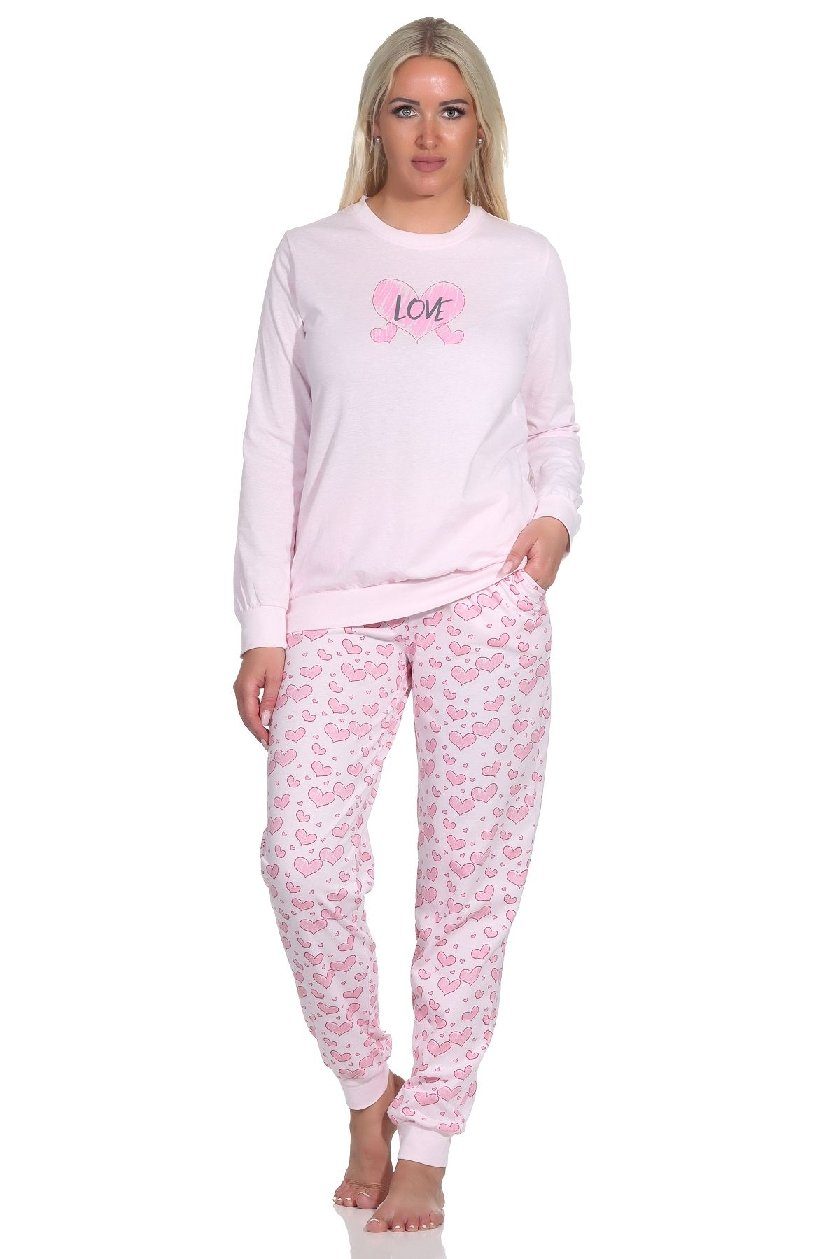 Normann Pyjama Damen Langarm Schlafanzug mit Bündchen in Herz Motiv Optik rosa