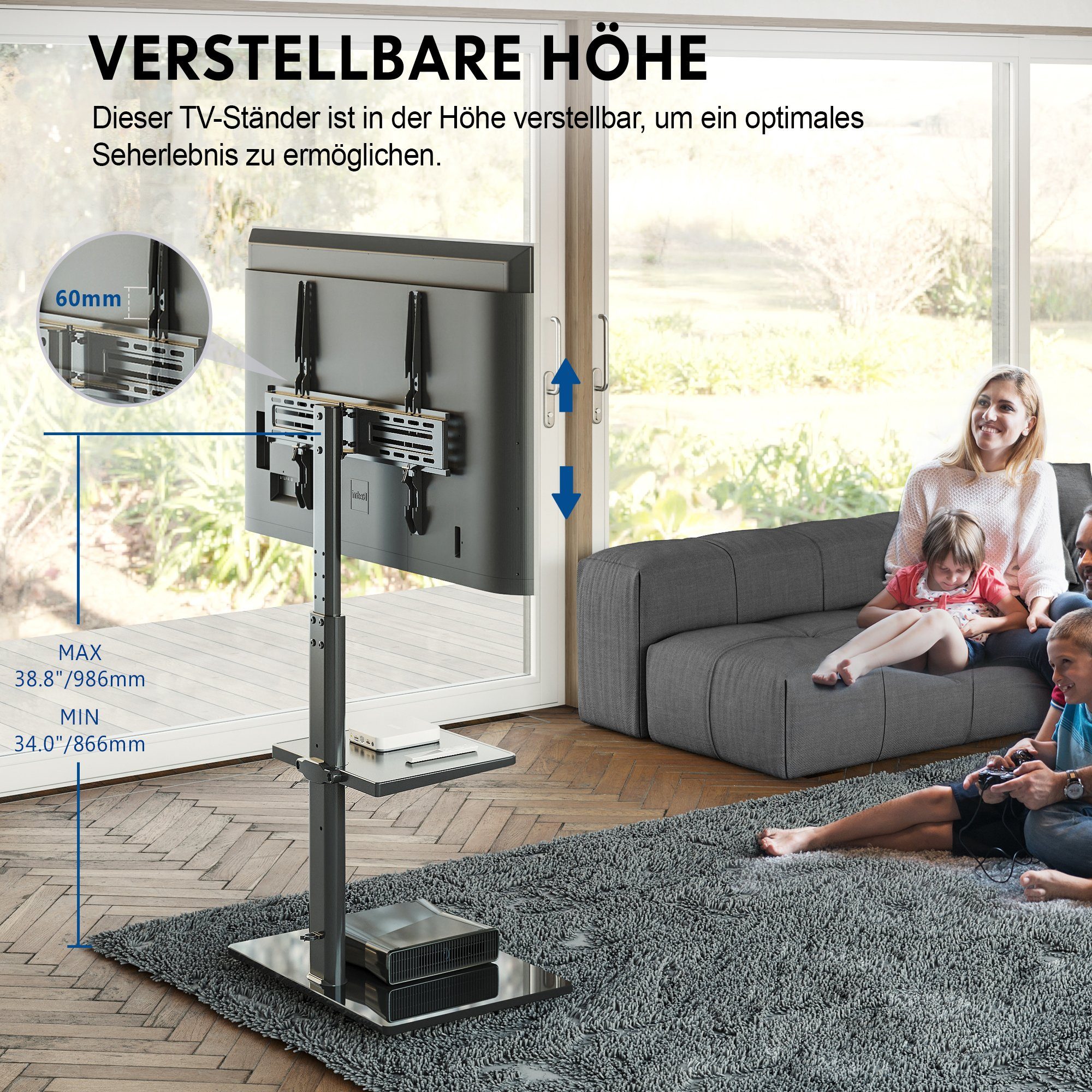 FITUEYES TV-Ständer mit höhenverstellbarer Ablage, 32-60 Zoll, (bis 60,00 Zoll, höhenverstellbar, ±35° schwenkbar, rutschfeste Füße)