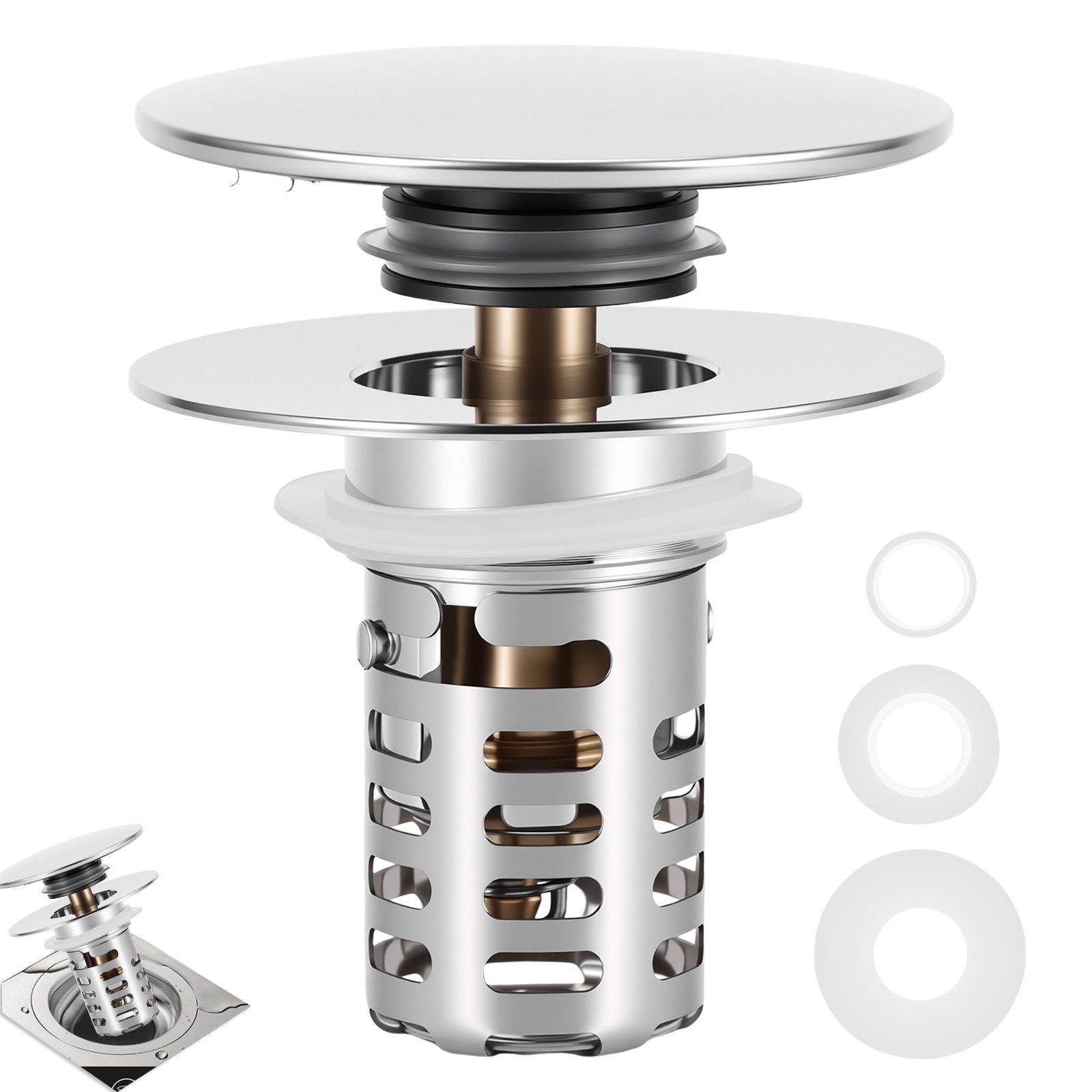 BlingBin Ablaufgarnitur Waschbeckenstöpsel Pop Up Edelstahl Abflusssieb (waschtisch ablauf, 1-St., 1tlg) Ablaufventil Ø60 mm mit Filterkorb aus Edelstahl und Messing