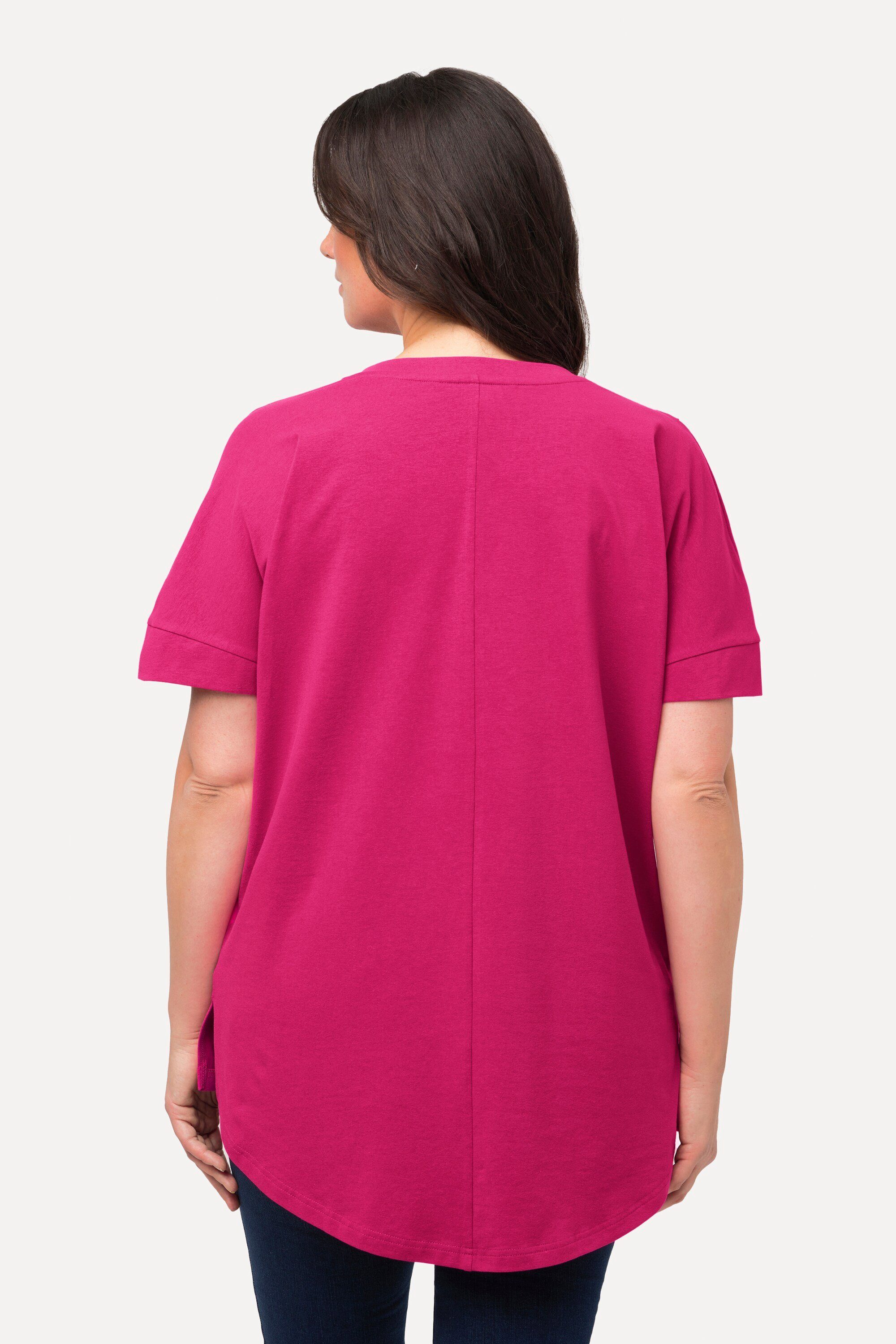 Oversized Zierfalten fuchsia Rundhalsshirt pink Longshirt V-Ausschnitt Ulla Popken