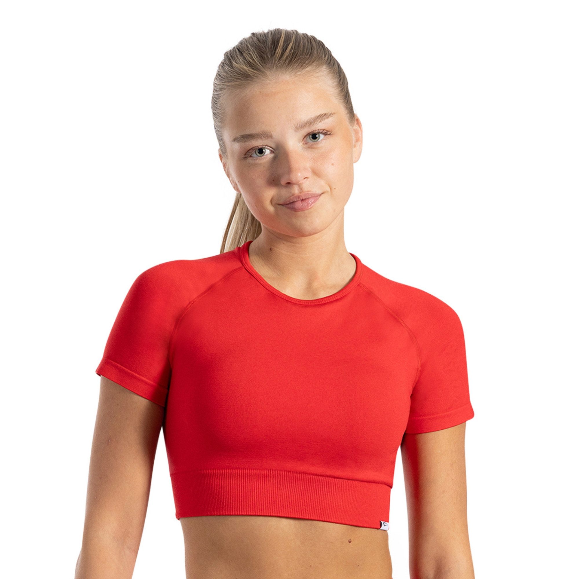 Smilodox T-Shirt Elna, Crop Top mit Rundhalsausschnitt, kurzen Ärmeln & Rippbund Figurbetontes T-Shirt, Funktionsshirt glattes Material & bauchfrei