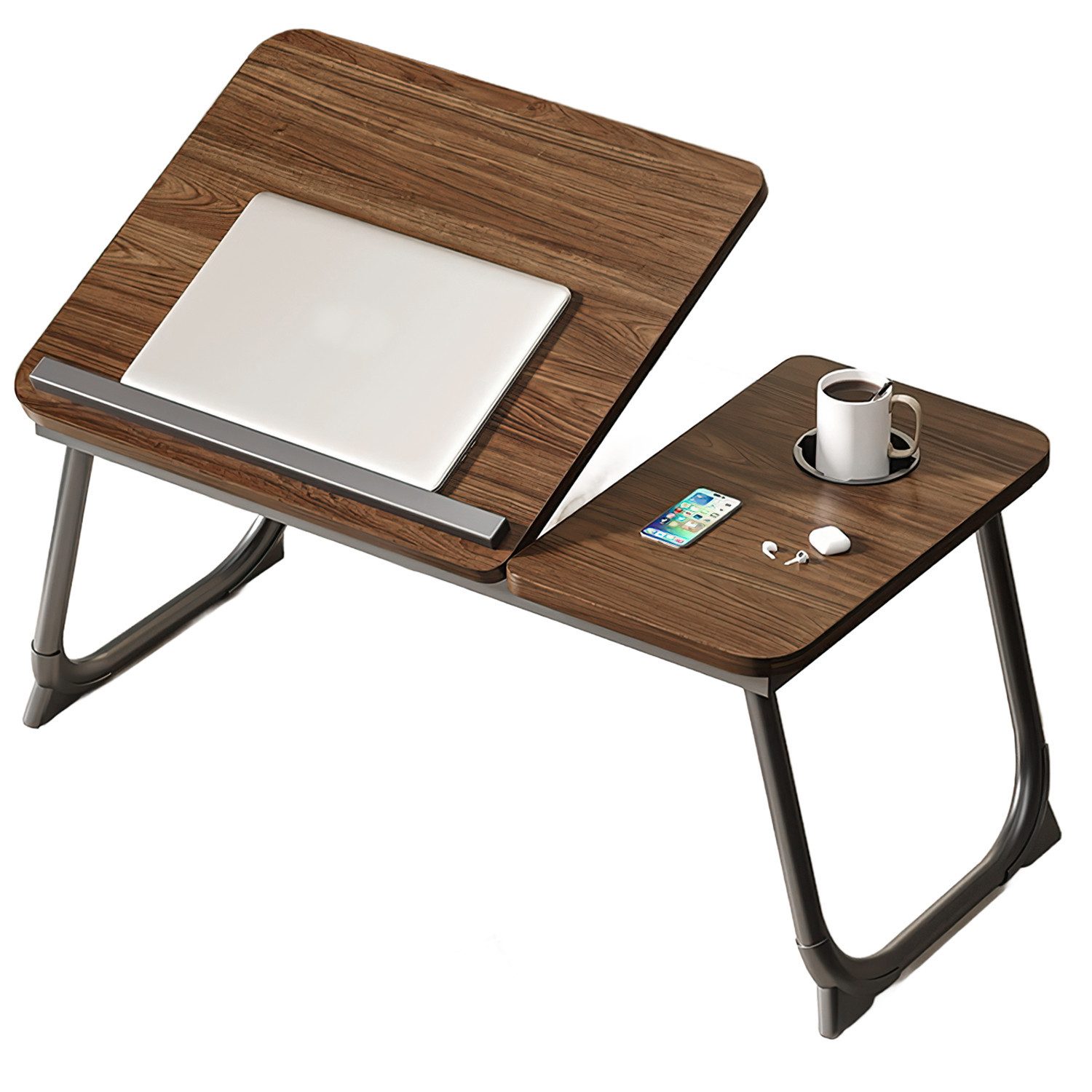 HEYHIPPO Klapptisch Verstellbarer Knietisch mit Getränkehalter, klappbarer Schreibtisch (Ergonomisches Design Sofatisch Frühstückstablett Walnussfarbe, Laptopständer,kleiner Schreibtisch für Studium und Arbeit,Schlafzimmer), Tragbarer kleiner Nachttisch 33×56×24cm faltbar höhenverstellbar
