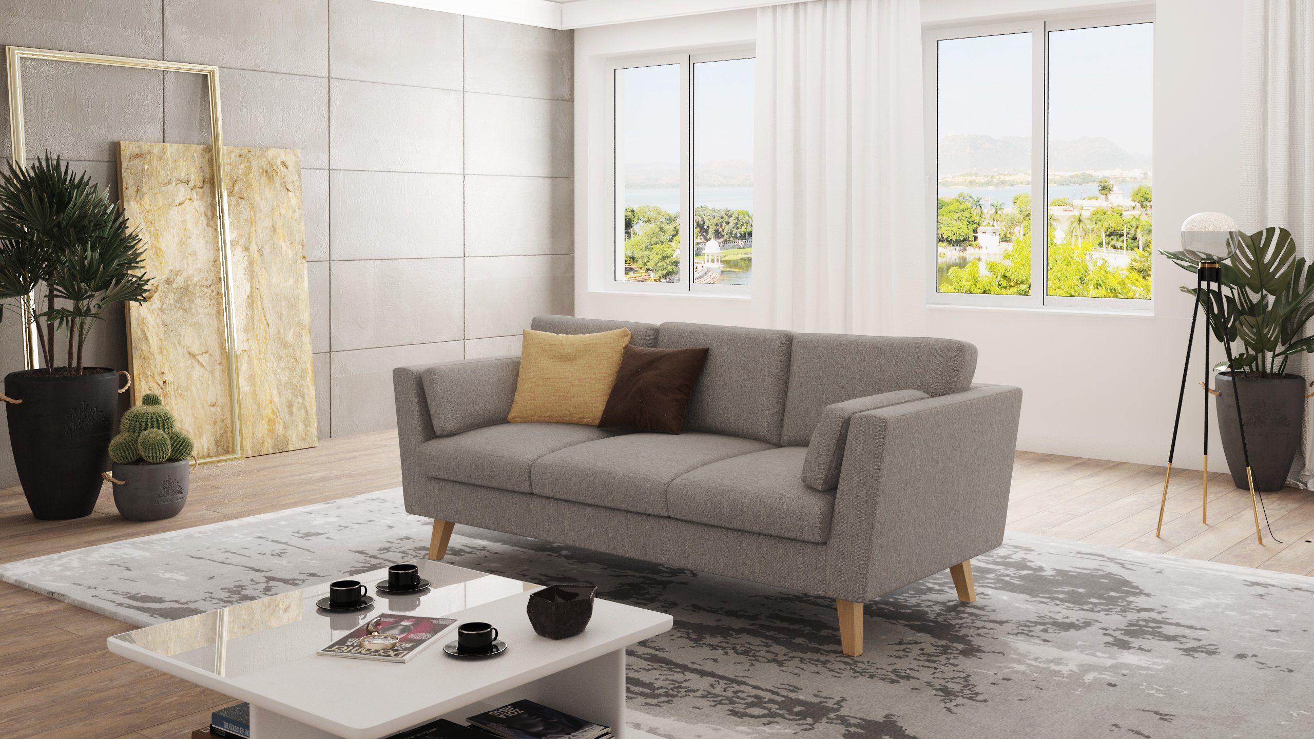 S-Style Möbel 3-Sitzer Sofa Angeles im skandinavischen Design, mit Wellenfederung Dunkelbeige