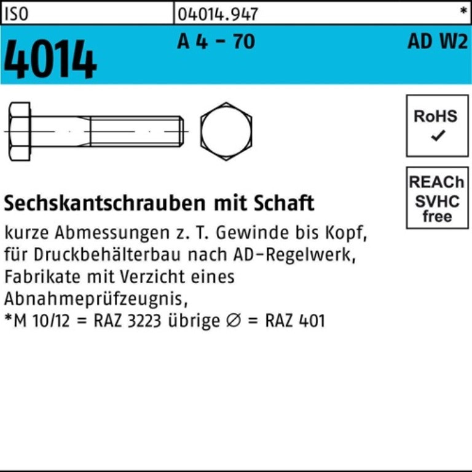 Bufab Sechskantschraube 100er Pack Sechskantschraube ISO 4014 Schaft M10x 75 A 4 - 70 AD-W2 50