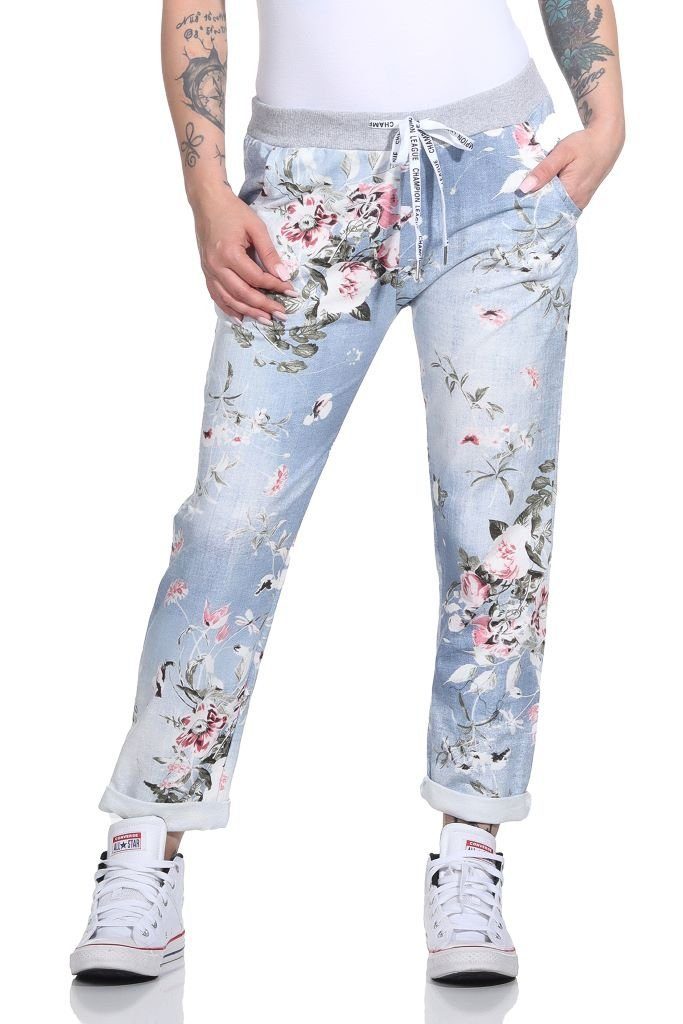 Mississhop Chinohose Damen Hose Blumen Jogginghose Baumwolle gemustert M. 287 35 (Hellblau Rosa)