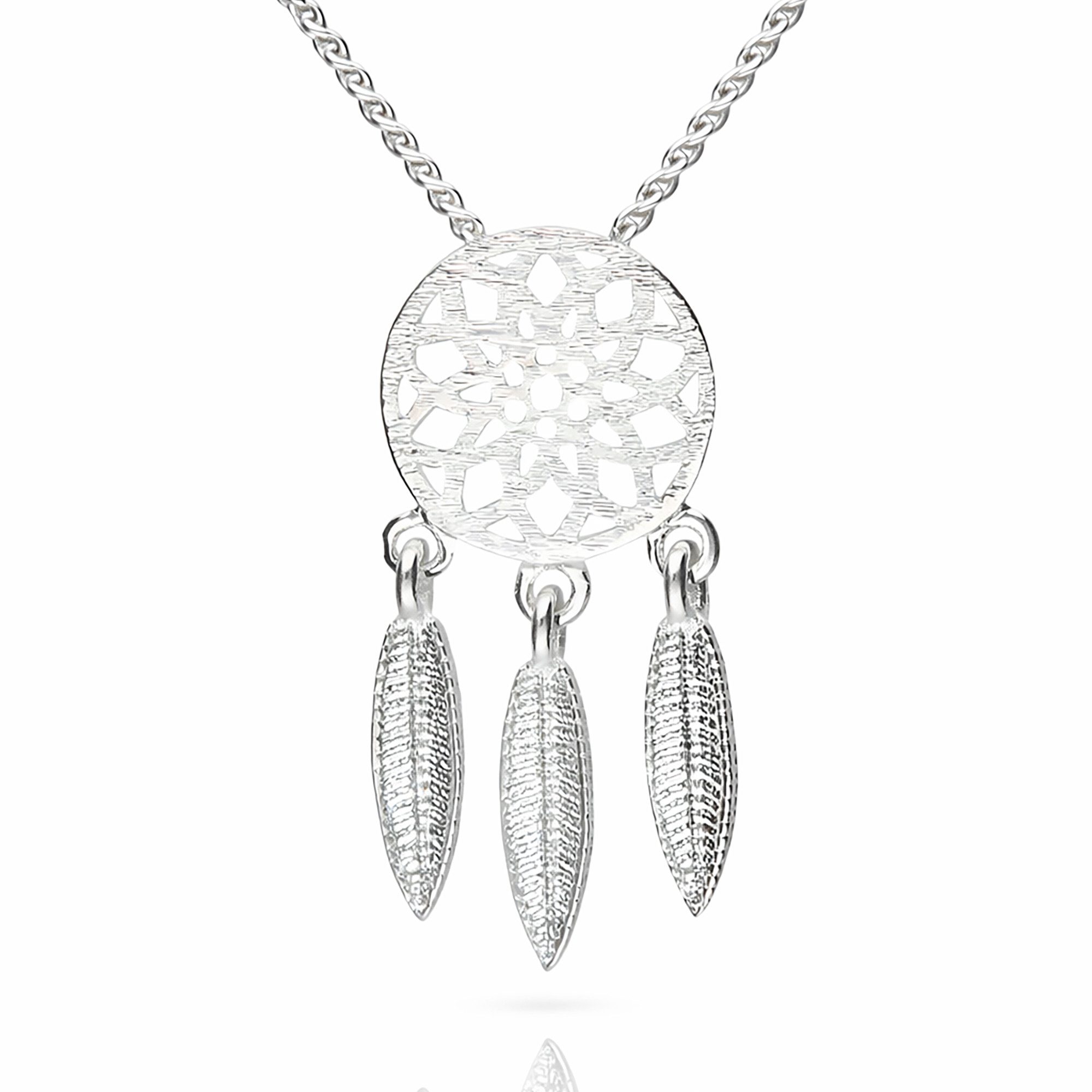 LÖB Kette mit Anhänger 750 Weißgold vergoldet Halskette Traumfänger Federn Anhänger silber (Geschenke für Frauen Damen Beste Freundin Mutter Mama Ehefrau Oma sie zum Geburtstag Weihnachten Weihnachtsgeschenke Schmuck), Boho Kette Mandala Platte Modern Minimalistisch Geometrisch Layering