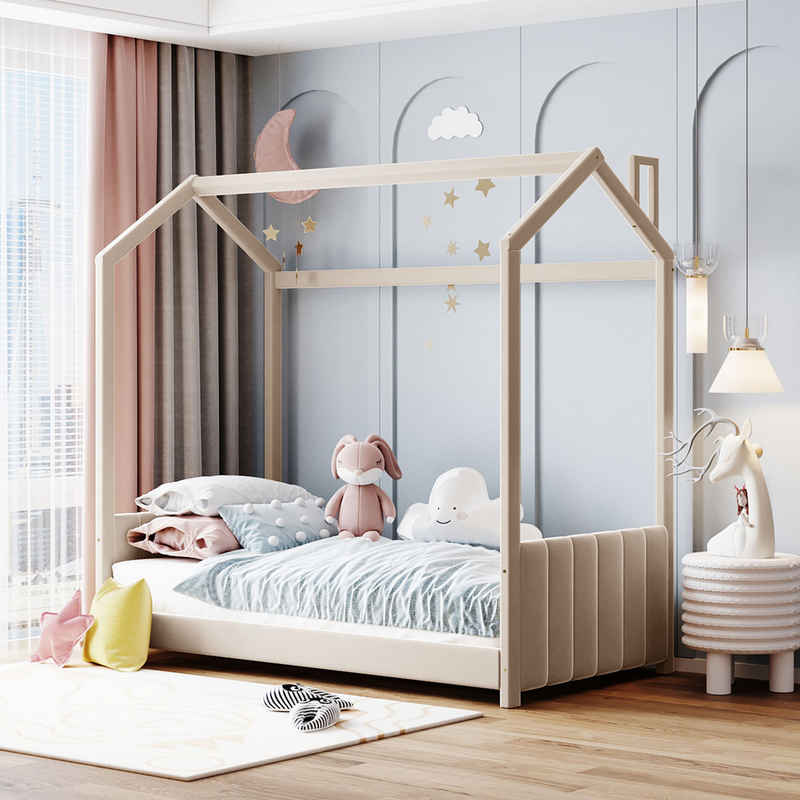 MODFU Kinderbett Polsterbett Einzelbett Bett 90*200 cm, hautfreundlicher Samtstoff (Hausbett mit Kopfteil, Fußteil, Lattenrost und Dach), ohne Matratze