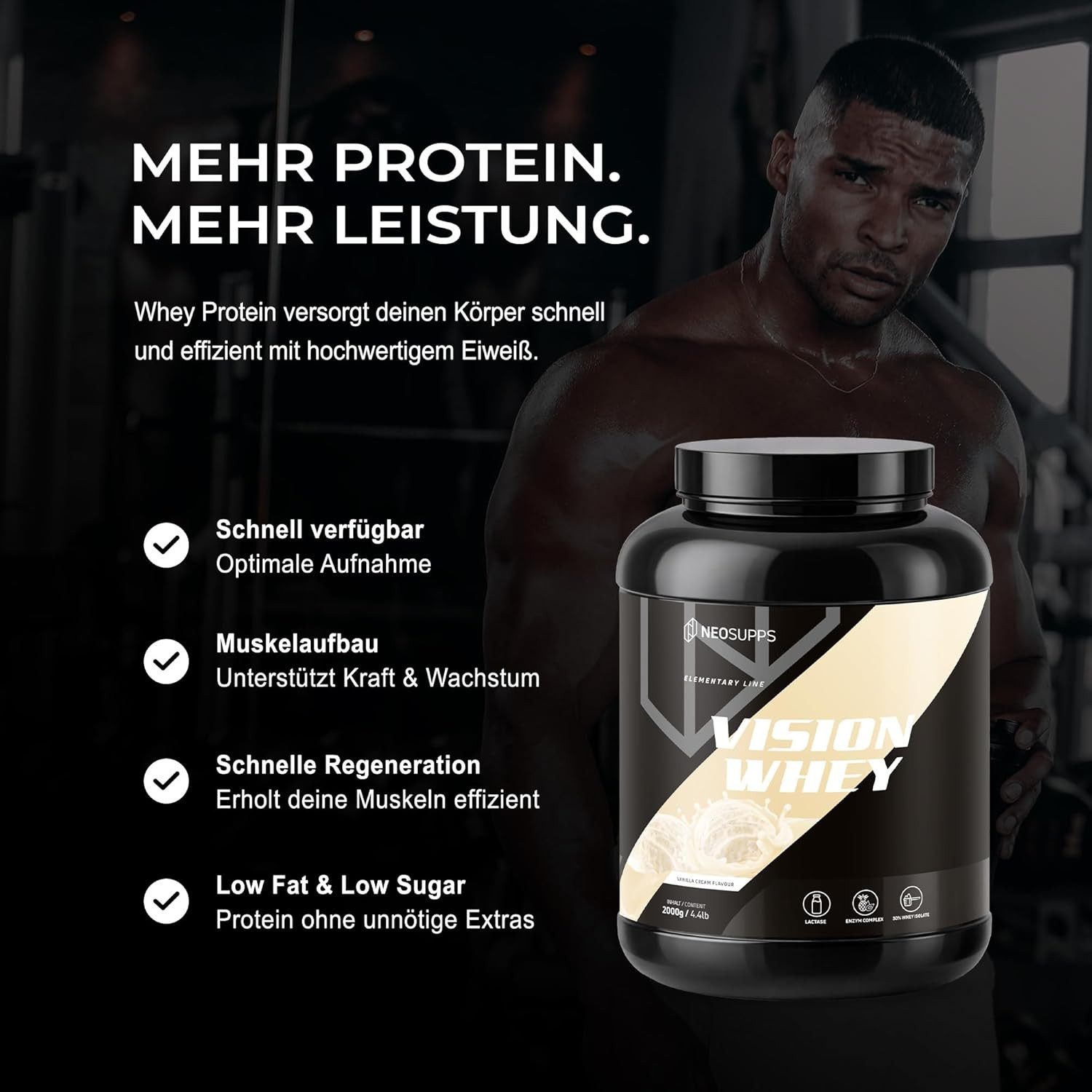 Neosupps Whey Protein Pulver Vanilla Cream 2000g, Proteinpulver, Proteinshake Pulver, 2000 g, Protein zum Muskelaufbau mit geprüfter Qualität, Made in Germany