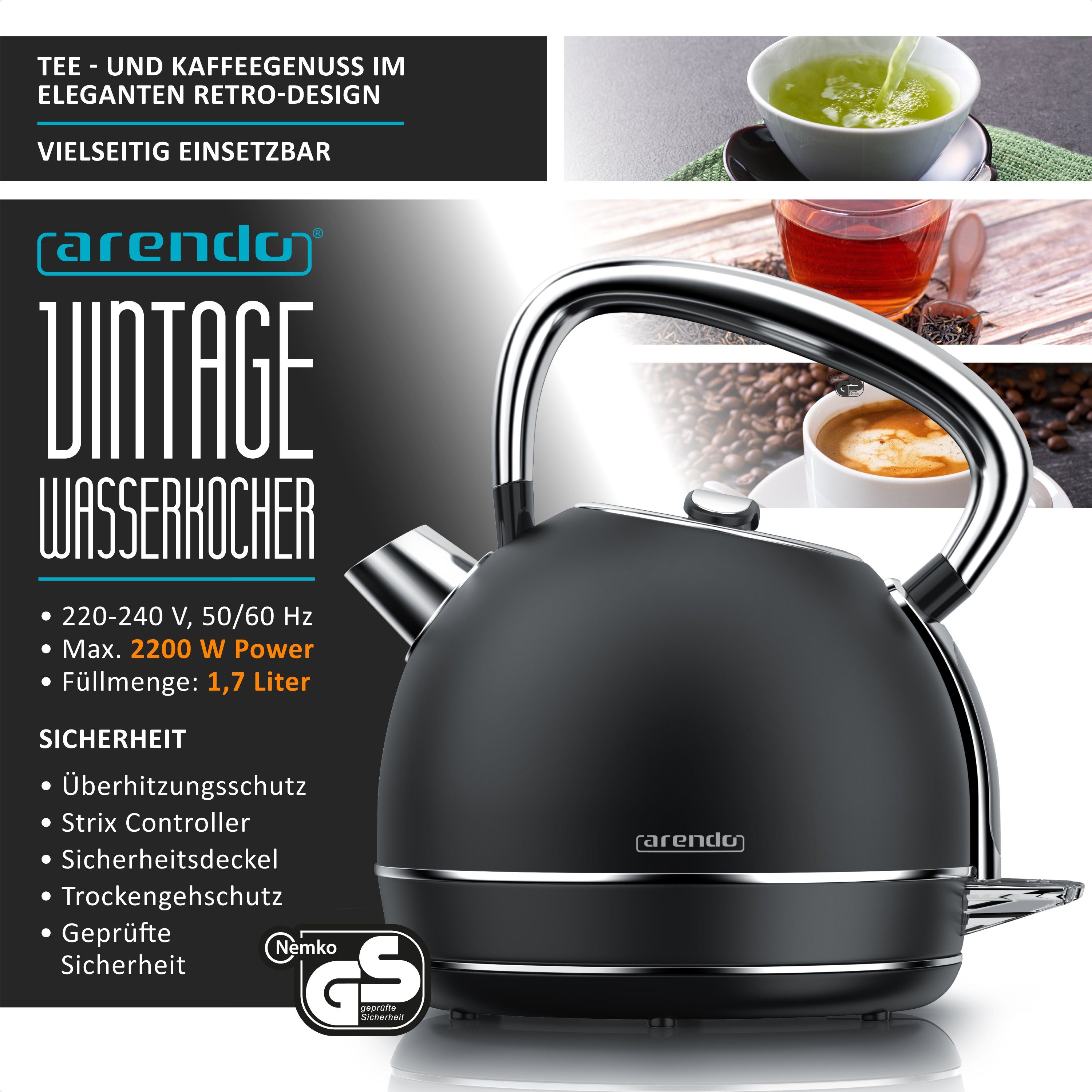 Arendo Frühstücks-Set Edelstahl Wasserkocher 1,7l, 4-Scheiben Kurzschlitz Toaster, schwarz (2-tlg), Retro Wasserkocher mit Temperatureinstellung, Vintage Toaster