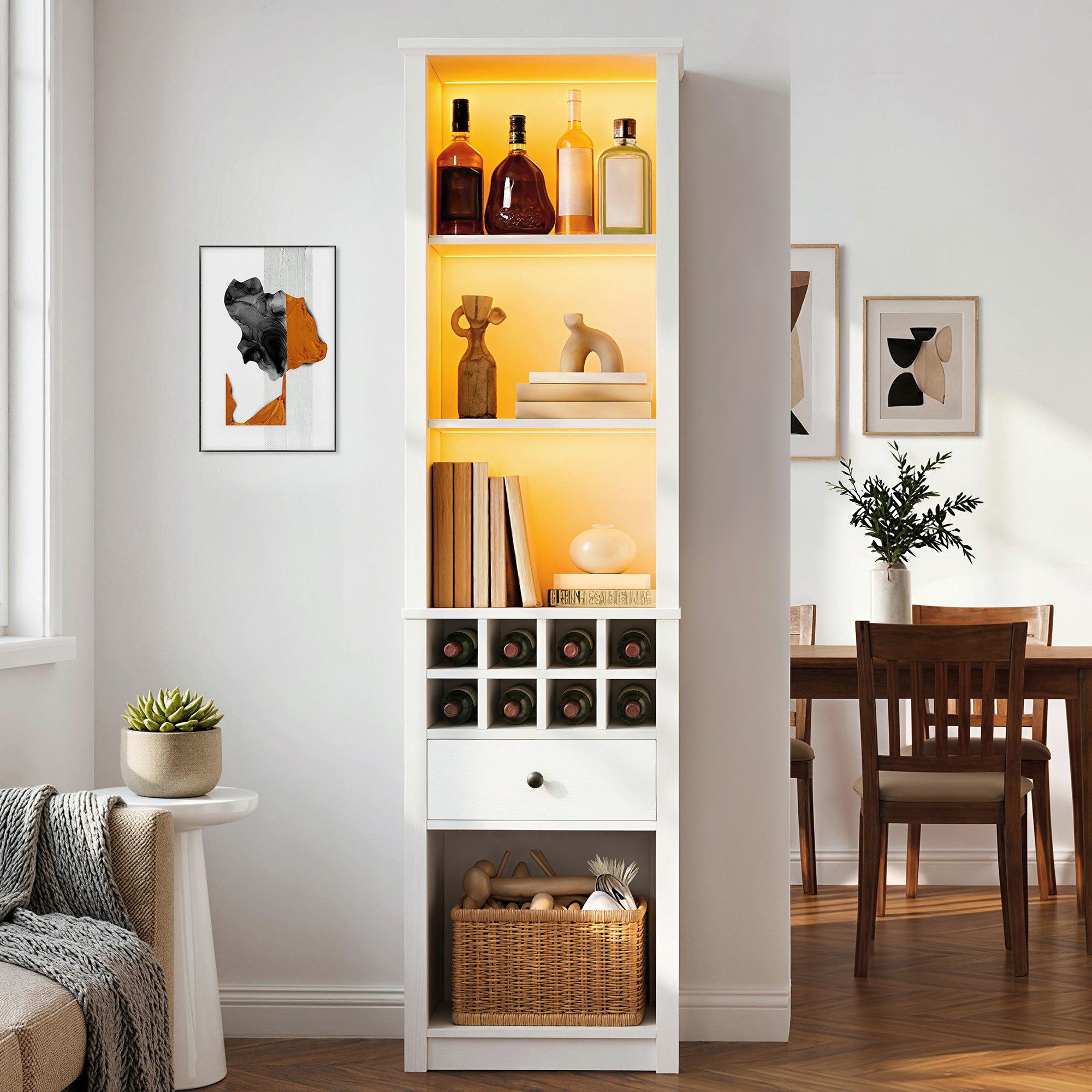BlingBin Standregal weißer Hochschrank 200 cm, Bücherregal mit Weinfach, Vitrinenschrank 1-tlg., mit LED, 1 Schublade und 12 Staufächern, offenes Aufbewahrungsregal