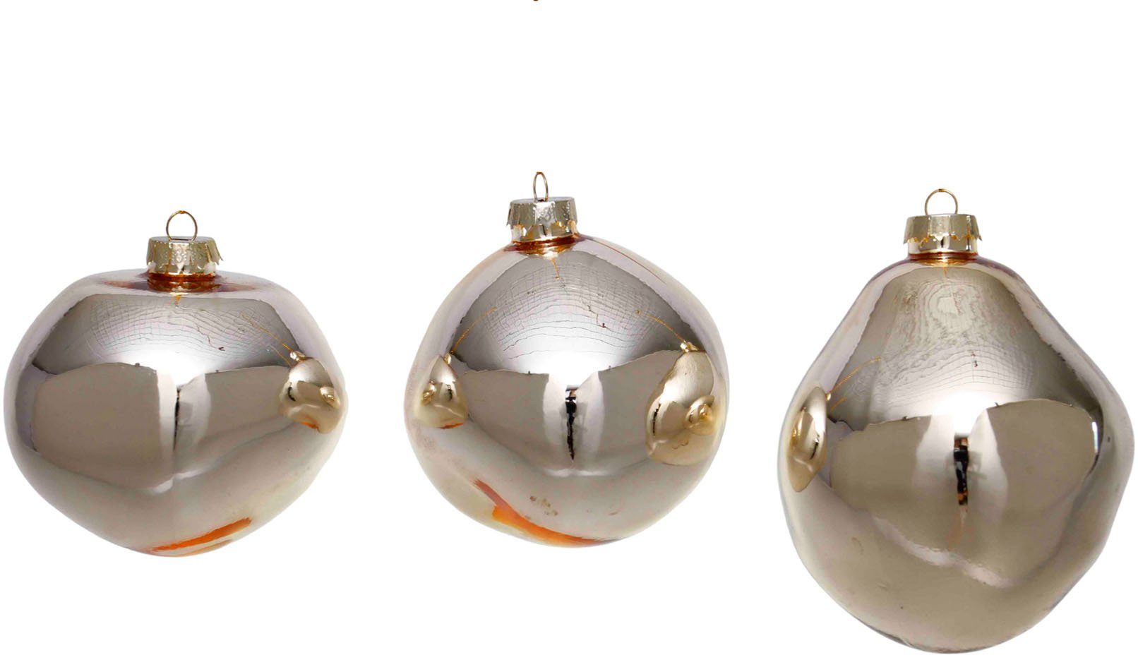 Leonique Weihnachtsbaumkugel Birdelle glänzend, Weihnachtsdeko, Christbaumschmuck, Christbaumkugeln (3 St), Baumkugeln in organischer Form, Ø 10 cm, organische Kugeln aus Glas