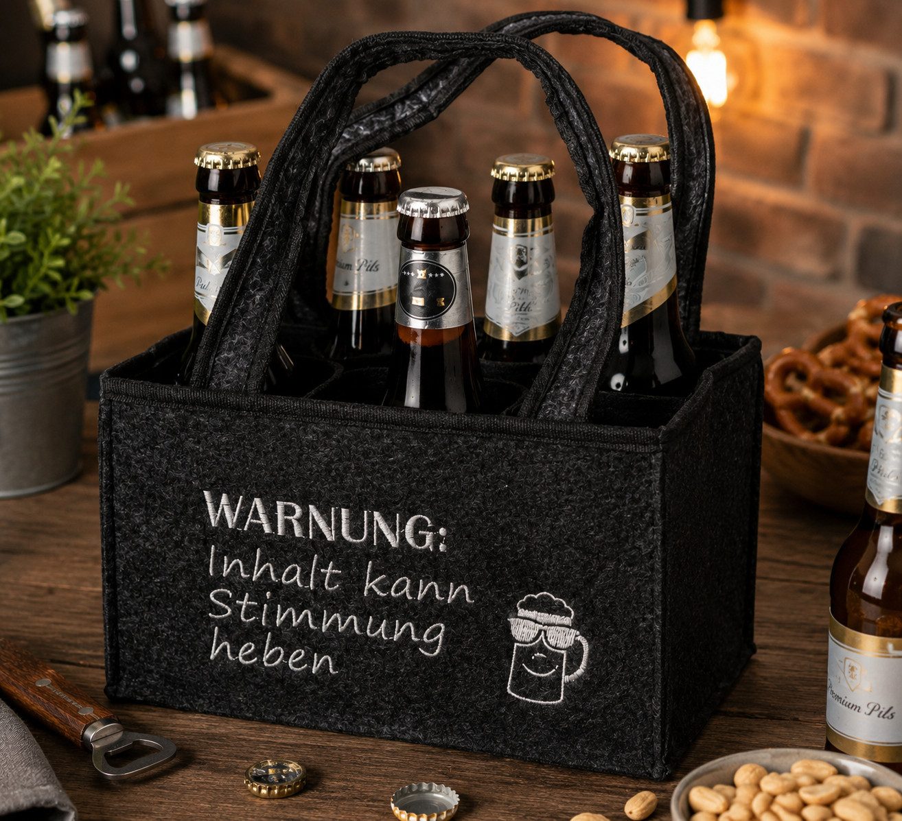 MF Bierflaschenhalter Bierflaschenträger Warnung Filztasche für 6 Flaschen mit Tragegriff, (1-St)