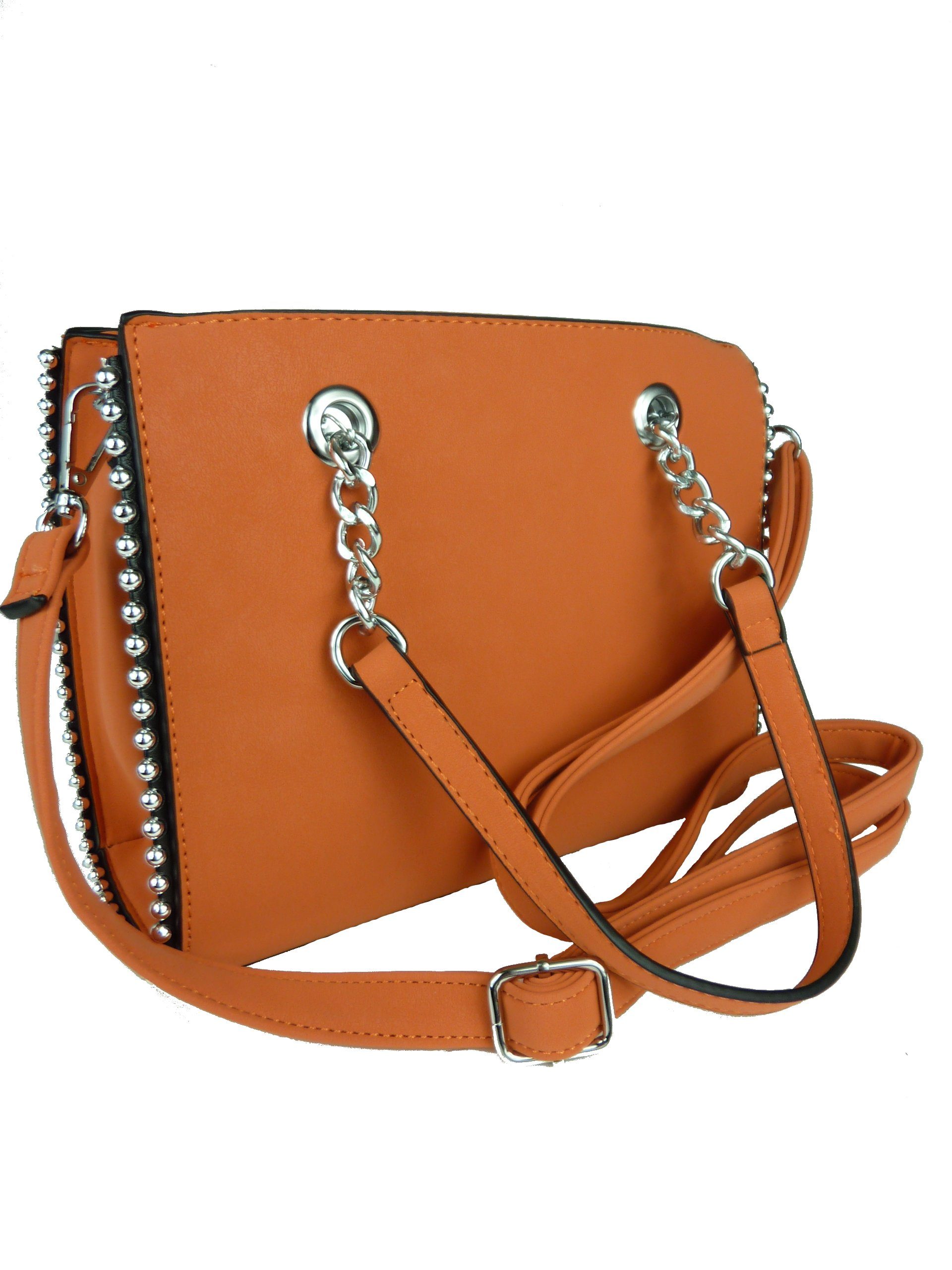 Taschen4life Clutch Damen Handtasche mit Nieten und Kette G88335, lange Tragegriffe & abnehmbarer Schulter Trageriemen orange | Trachtentaschen
